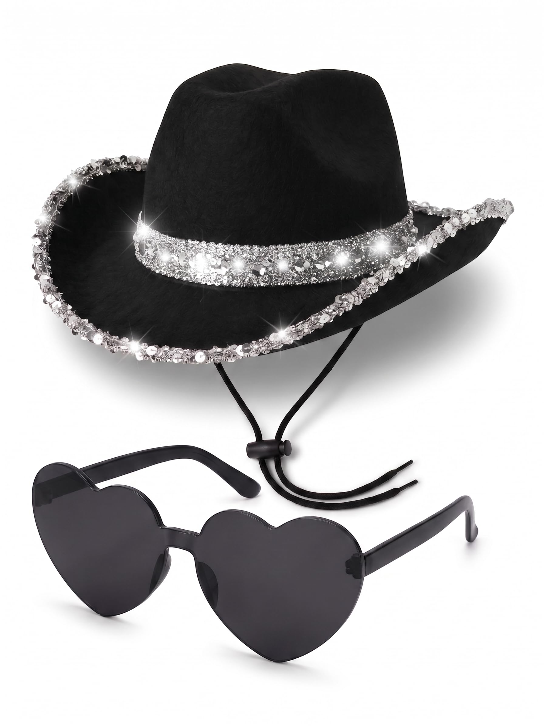 Sparkly Black Cowboy Hat Women with Heart Glasses - Adults Black Cowgirl Hat and Heart Sunglasses Country and Western Fancy Dress Accessories - Cowgirl Accessories for Women Wild West Fancy Dress