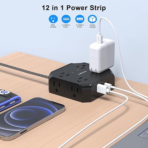 Miniatura 2 de Protector de sobretensiones - Cable de extensión de enchufe plano de 15 pies con 8 tomas amplias y 4 puertos USB (2 USB C), extensor de salida