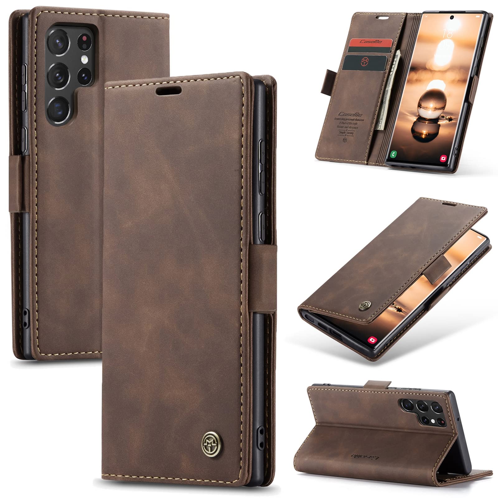 GOLDEN MASK For Samsung S22 Ultra 5G Soft Slim Folio Flip PU Leather Wallet Case with 2 Cards Slot (013coffee)