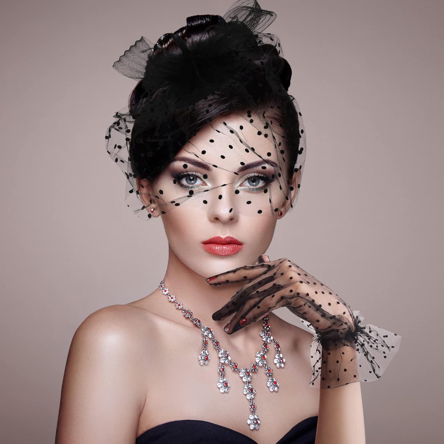 Vintage Fascinator Hat Women's Feather Mesh Face Veil Hat Tea Party Headwear with Hair Clip and Black Short Floral Lace Gloves for Women - Image 6