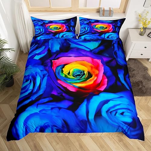 Miniatura 1 de Feelyou Juego de funda de edredón con diseño de rosas de arco iris, juego de ropa de cama de flores coloridas para niñas y mujeres, funda de edredón