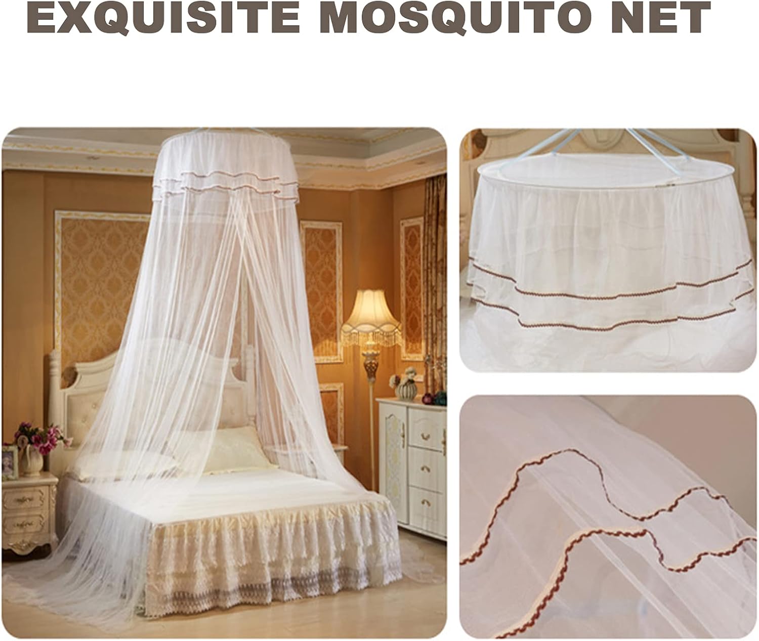 Luxury Mosquito Net for Bed, Hanging Dome Princess Bed Canopy Room Anti Mosquito Fly Insect Curtain with Lace Flower, Easy Installation,White
