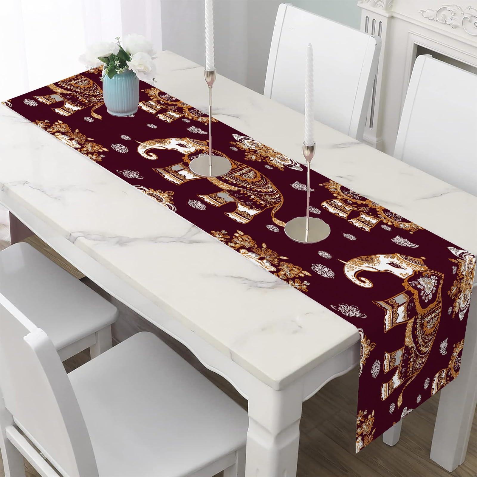 Table Runner Indian Elephant Table Decor Antifouling Traditional Paisley Coffee Table Mats for Kitchen DiningEthnic Animal Party Supplies 40x240 cm