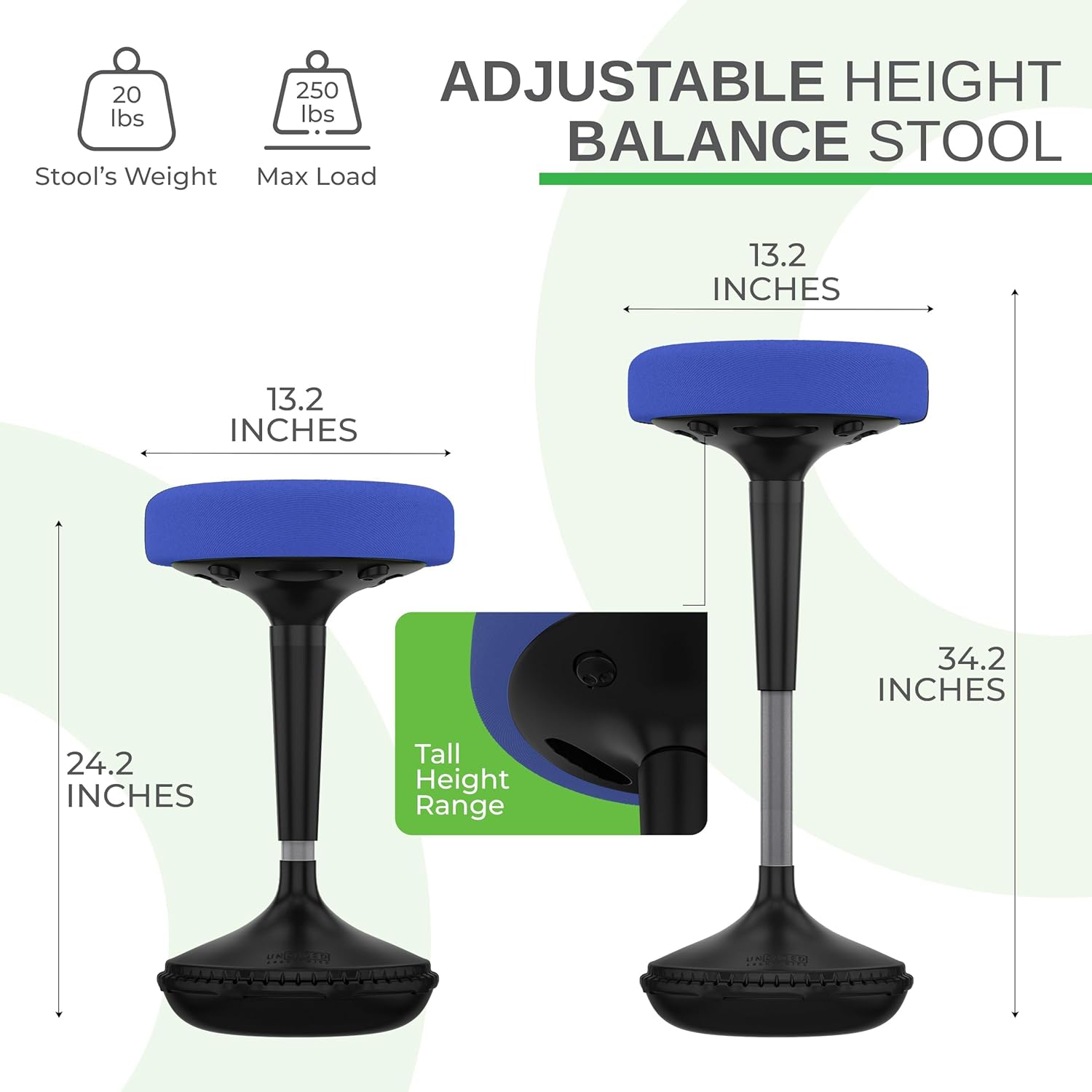 Uncaged Ergonomics Wobble Stool – Height Adjustable (23–33") Ergonomic Standing Desk Chair, Flexible Seating for Office, Classroom, and Active Sitting - Blue