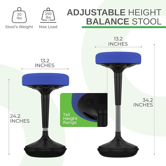Uncaged Ergonomics Wobble Stool – Height Adjustable (23–33) Ergonomic Standing Desk Chair, Flexible Seating for Office, Classroom, and Active Sitting - Blue