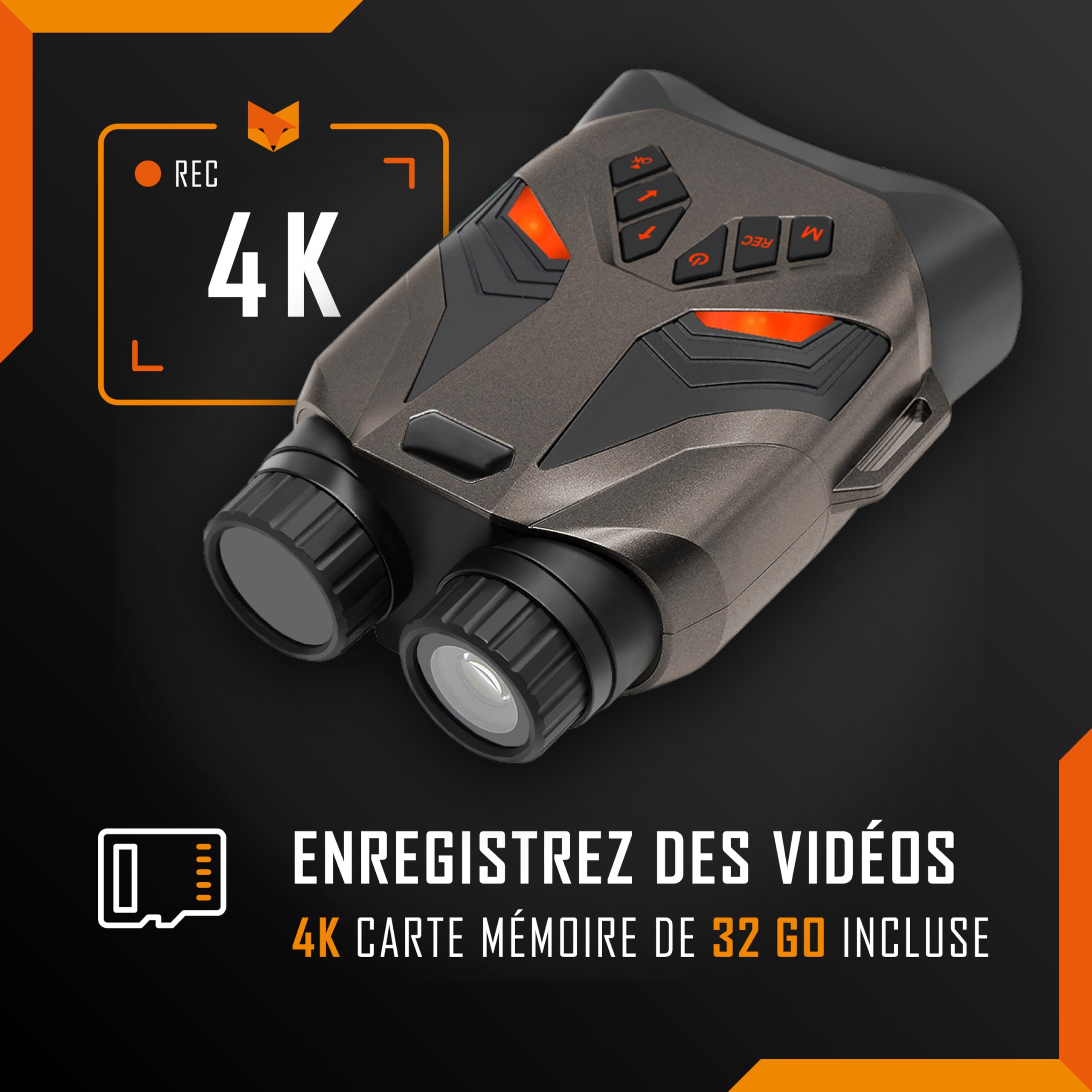 Jumelles de vision nocturne – Nightfox Ember Lunettes de vision nocturne infrarouge, facile à utiliser, grand écran, grossissement 4x, portée 250m, vidéo 4K, jumelles numériques pour le camping