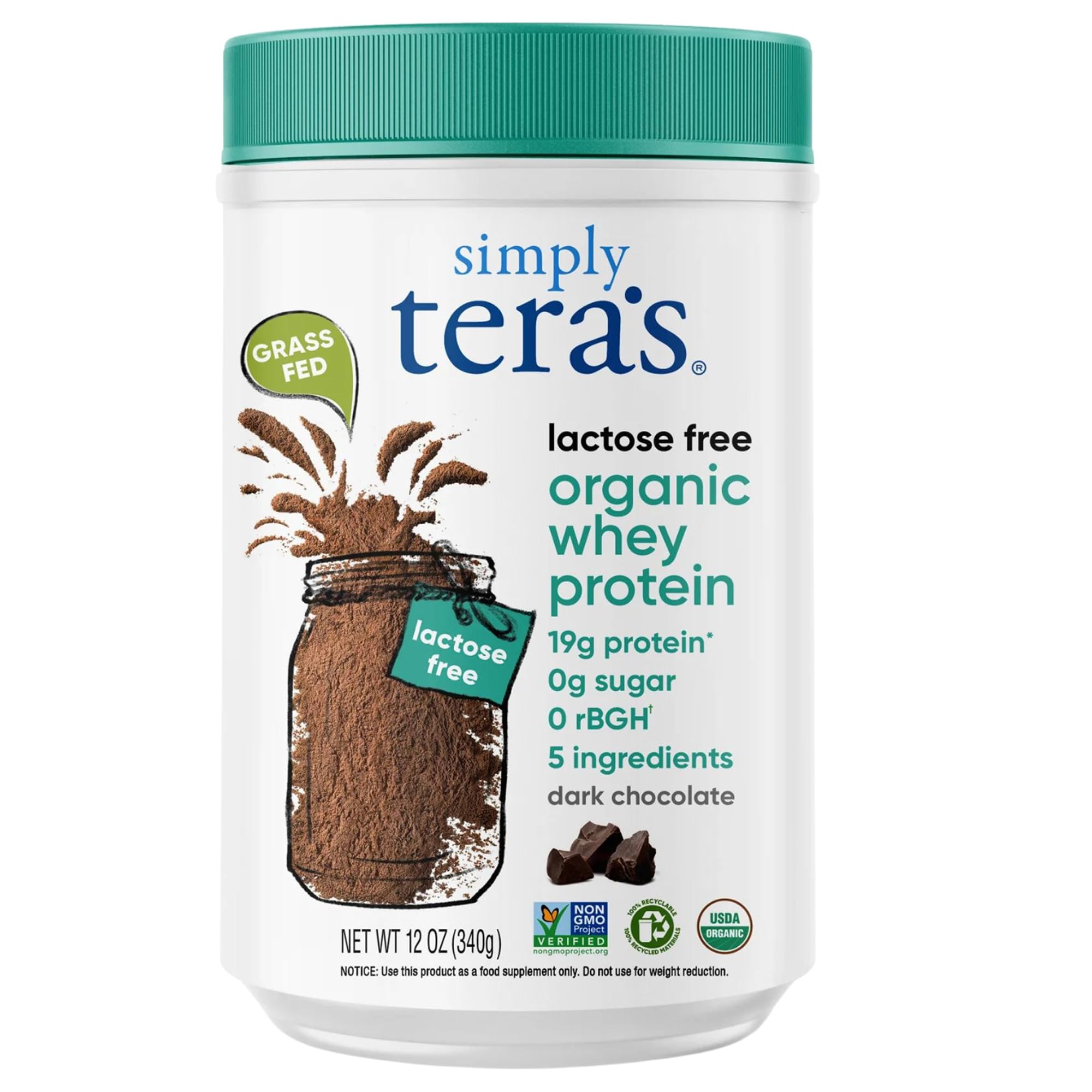 Simply tera's Lactose Free Whey Protein Powder - Dark Chocolate Protein Powder with Lactose Free Whey Protein, Non-GMO, Organic - 12 Oz