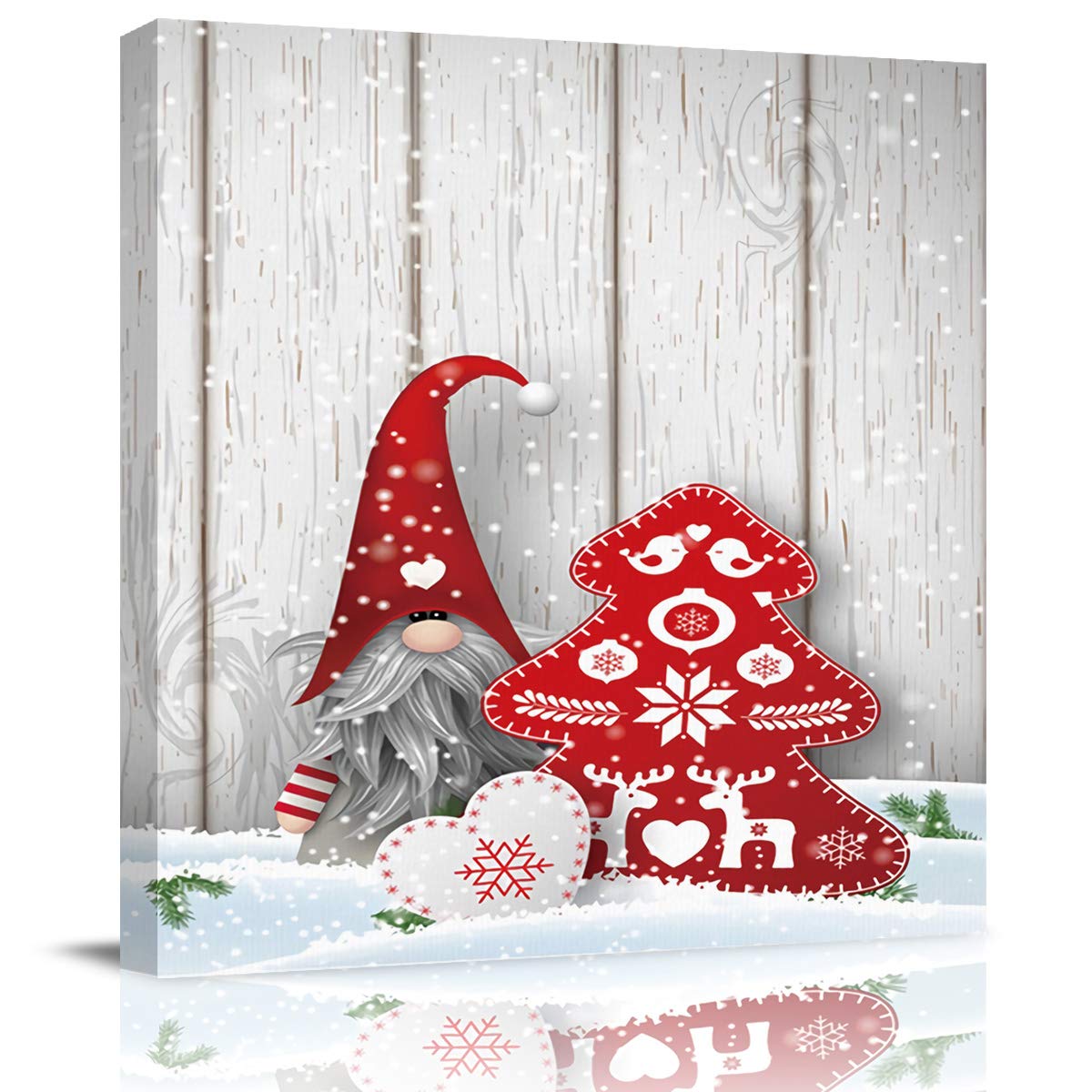 Christmas Tree and Gnomes with Red Hat Oil Paintings On Canvas Wall Art Retro Wood Board Abstract Print Artwork with Framed Ready to Hang, Living Room Kitchen Corridor Bedroom Office Decor