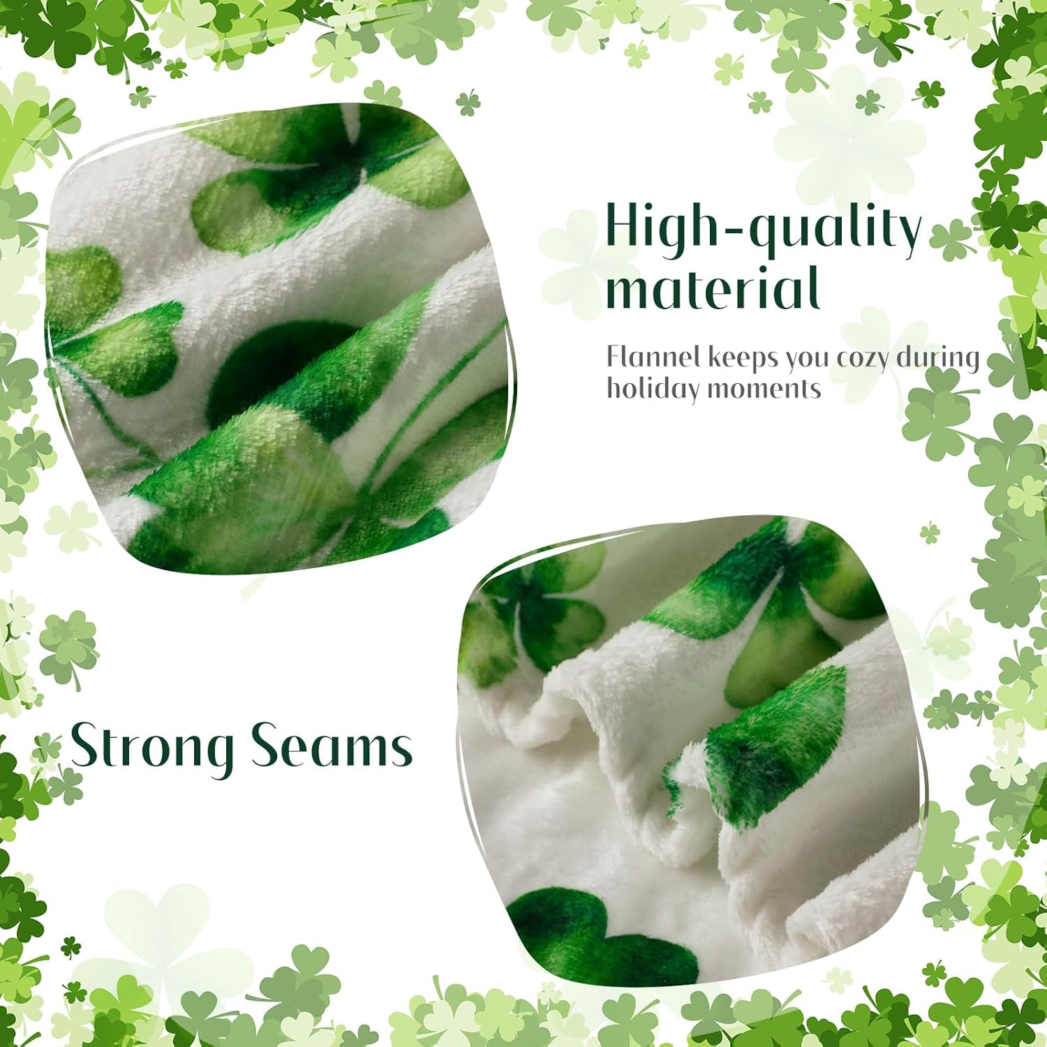 St. Patrick's Day Shamrock Throw Blanket 50"x60" Soft Warm Lucky Irish Clover Plush Flannel Decorative Spring Blanket for Living Room Couch Bedroom Bed, Romantic Gift for Mom Wife Girlfriend - Image 3
