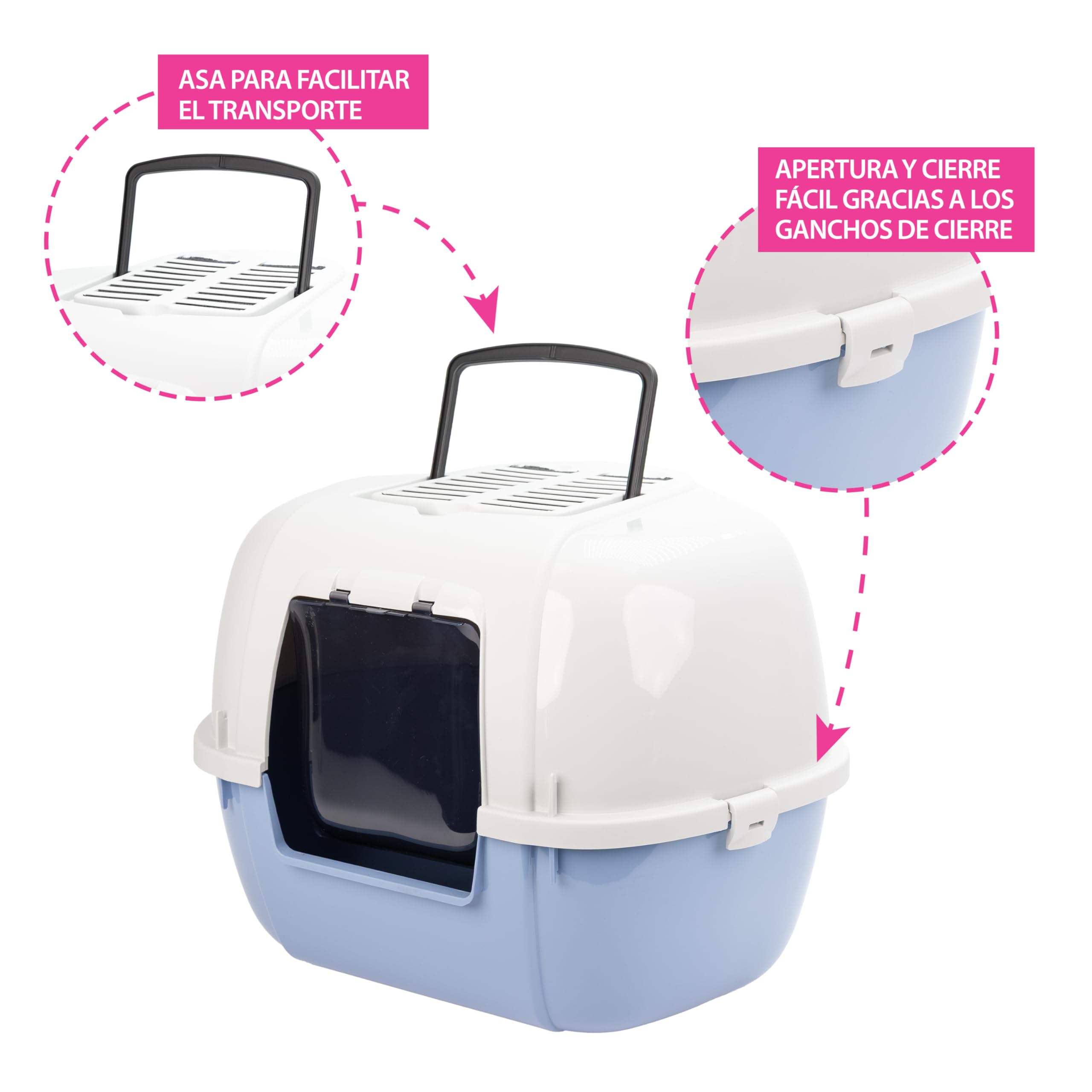 Ferplast Arenero Gatos Cubierto, Arenero Gato, 2 Filtros de Carbón Activado Antiolor Incluidos, Puerta Oscura abatible, 57,5 x 51,5 xh 42 cm, Arenero para Gatos Grande Mika, Azul