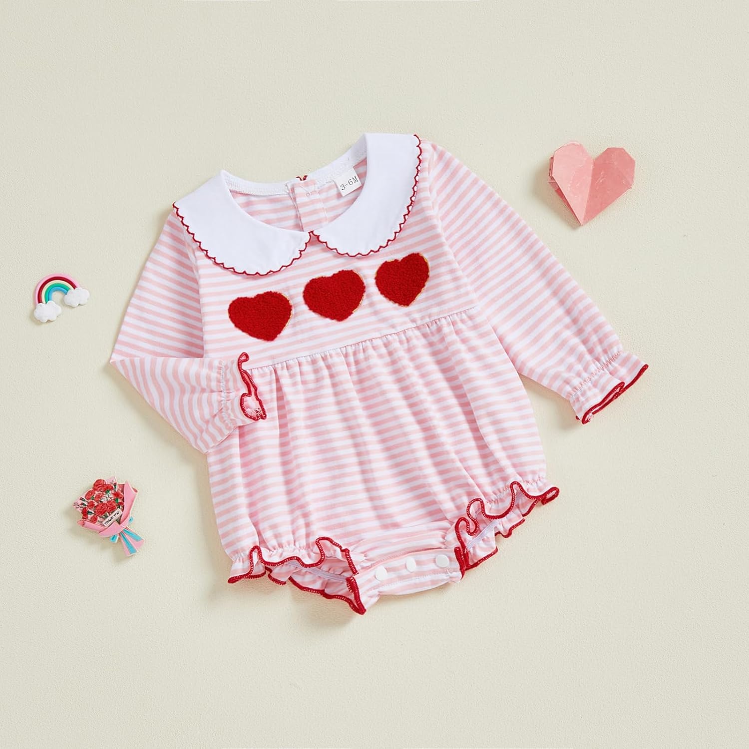 FIOMVA Baby Girl Clothes Valentines Day Outfit Doll Collar Bubble Romper Bow Hearts Onesie My First Valentines Day Bodysuit - Image 5