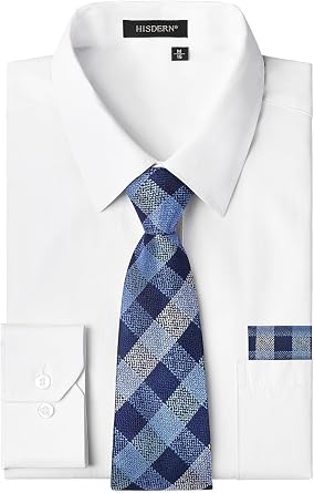 HISDERN Mens Dress Shirt with Tie Pocket Square Set Classic Button Down Shirt Matching Tie Long Sleeve Shirts