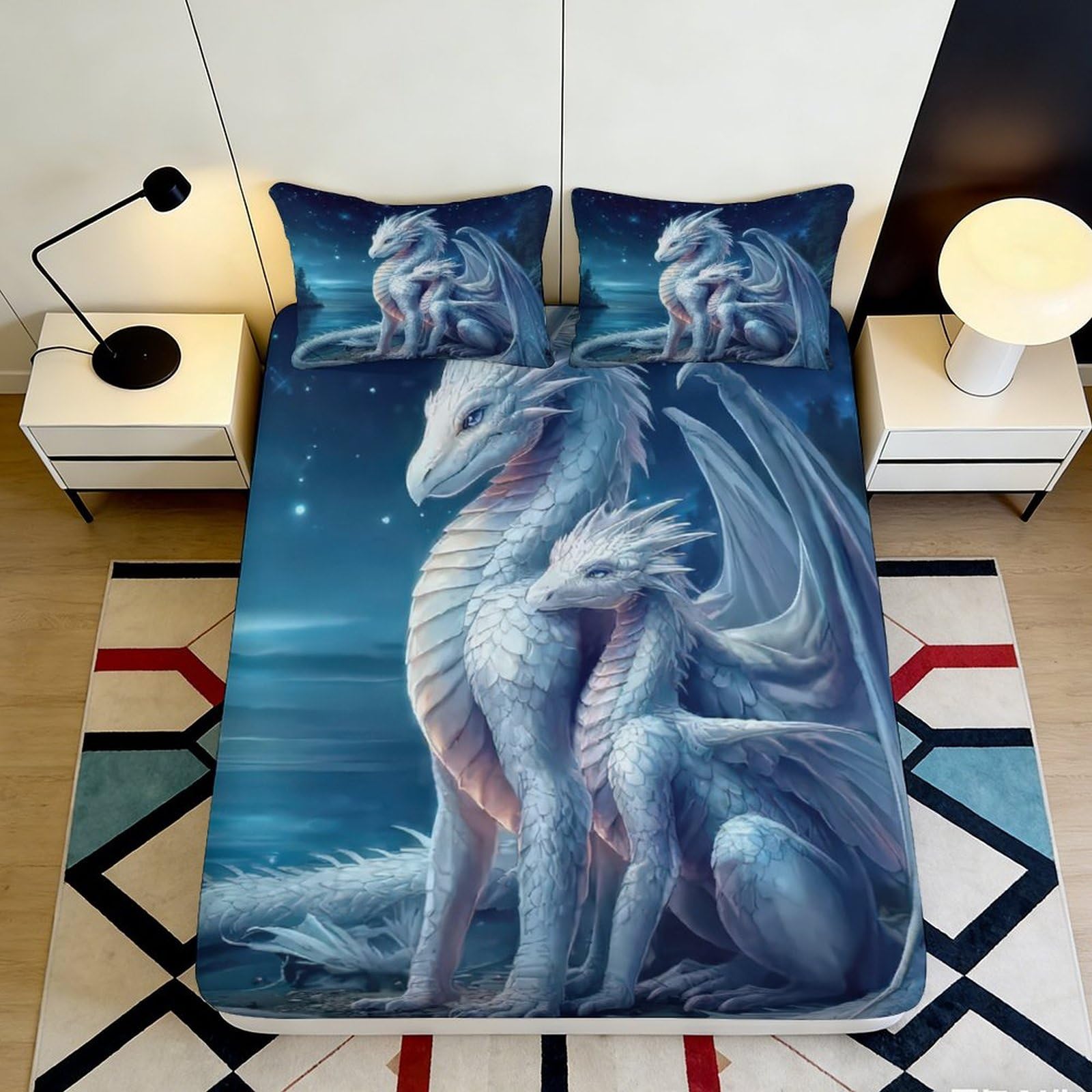 Jxqhbvmg Style-4 3D Printed Dragon Fitted Sheet Microfiber Deep Pocket Non-Slip Bedroom Bedding Set Dragon Mattress Fitted Cover Washable 90X200x25cm
