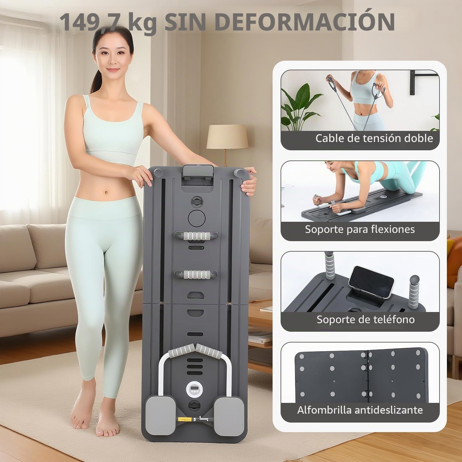 Juego de tabla de pilates para el hogar – Máquina reformadora plegable de pilates, minitabla reformadora de pilates, reformador para pilates premium, incluye temporizador, bandas de resistencia, asas