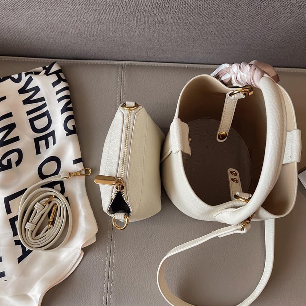 Women's small crossbody bag made of synthetic leather, mini bucket style shoulder bag with scarf, detachable shoulder strap - Image 3