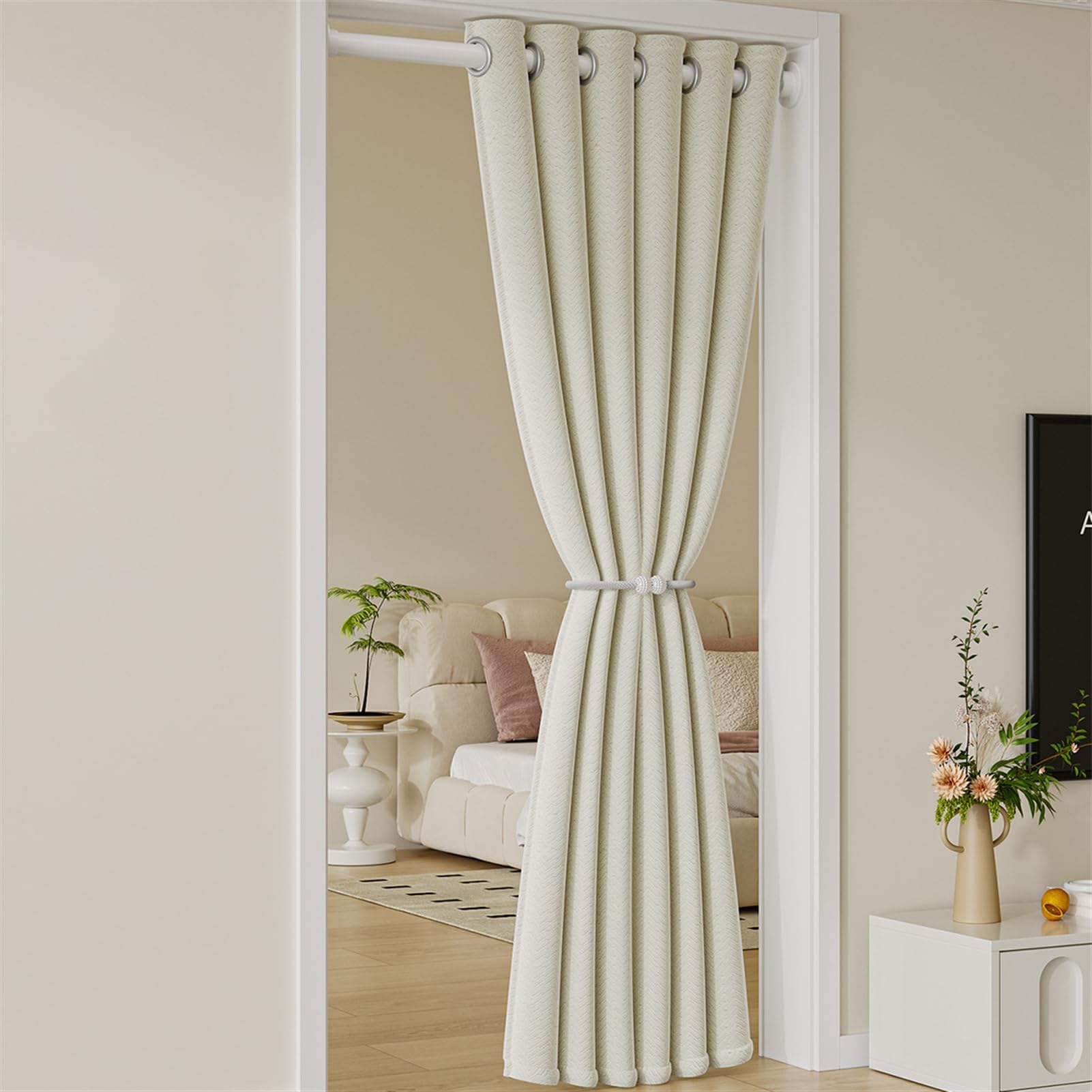 Verdunklungsvorhänge, Türvorhang Blickdichte Tür Vorhang mit Ösen Thermo Kälteschutz Hitzeschutz Schallschutz für Schlafzimmer Wohnzimmer, Creme, H200 x B230 cm
