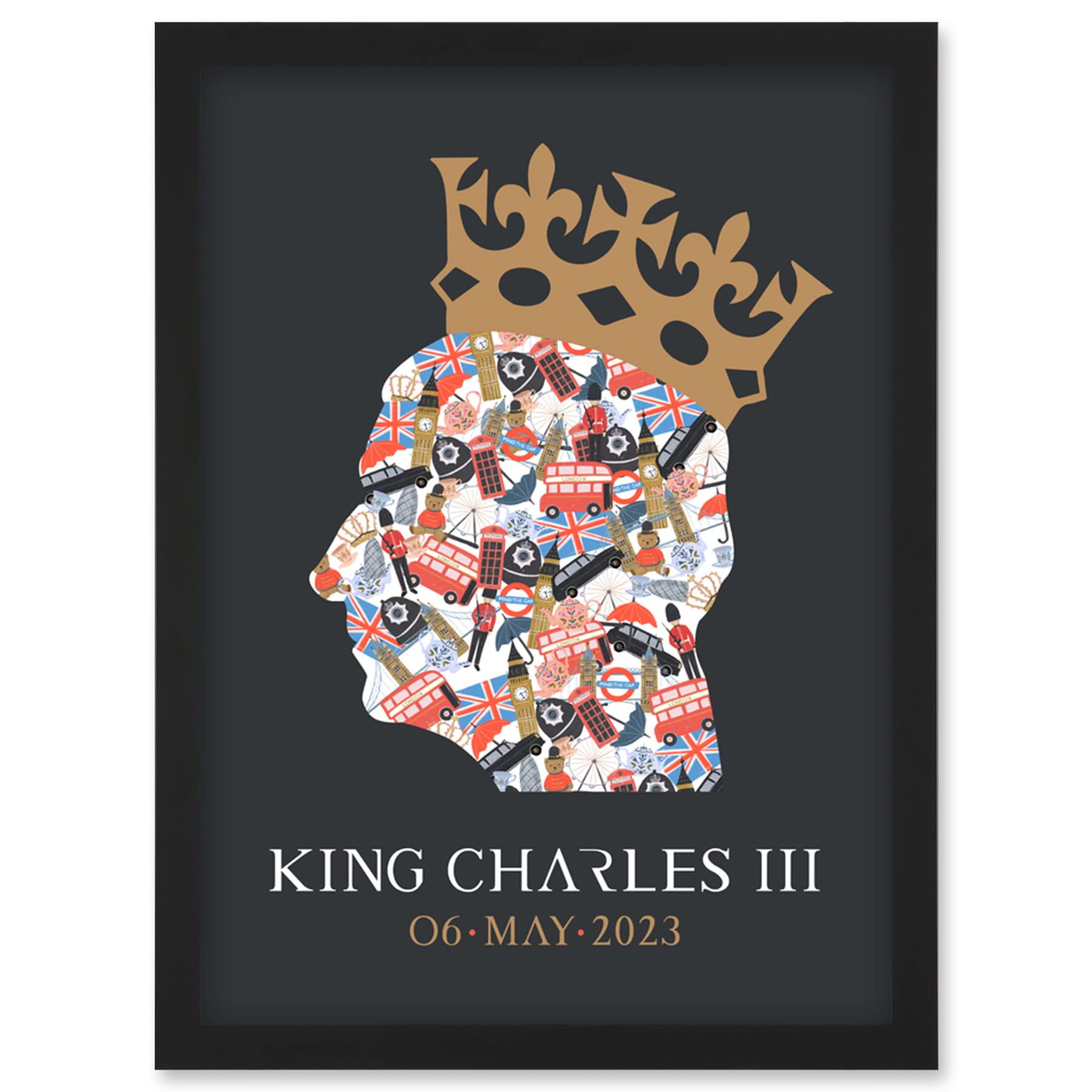 King Charles III Coronation Date British Symbol Head Collage Crown Framed Wall Art Print A4
