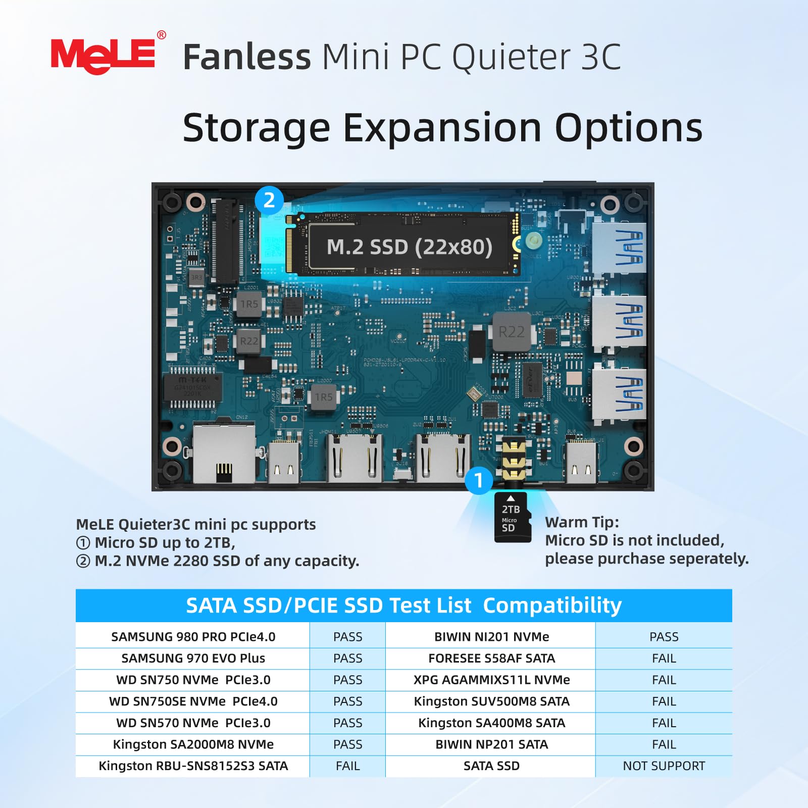 MeLE Quieter 3C Fanless Mini PC N5100 (1.1-2.8GHz) 8GB RAM 128GB