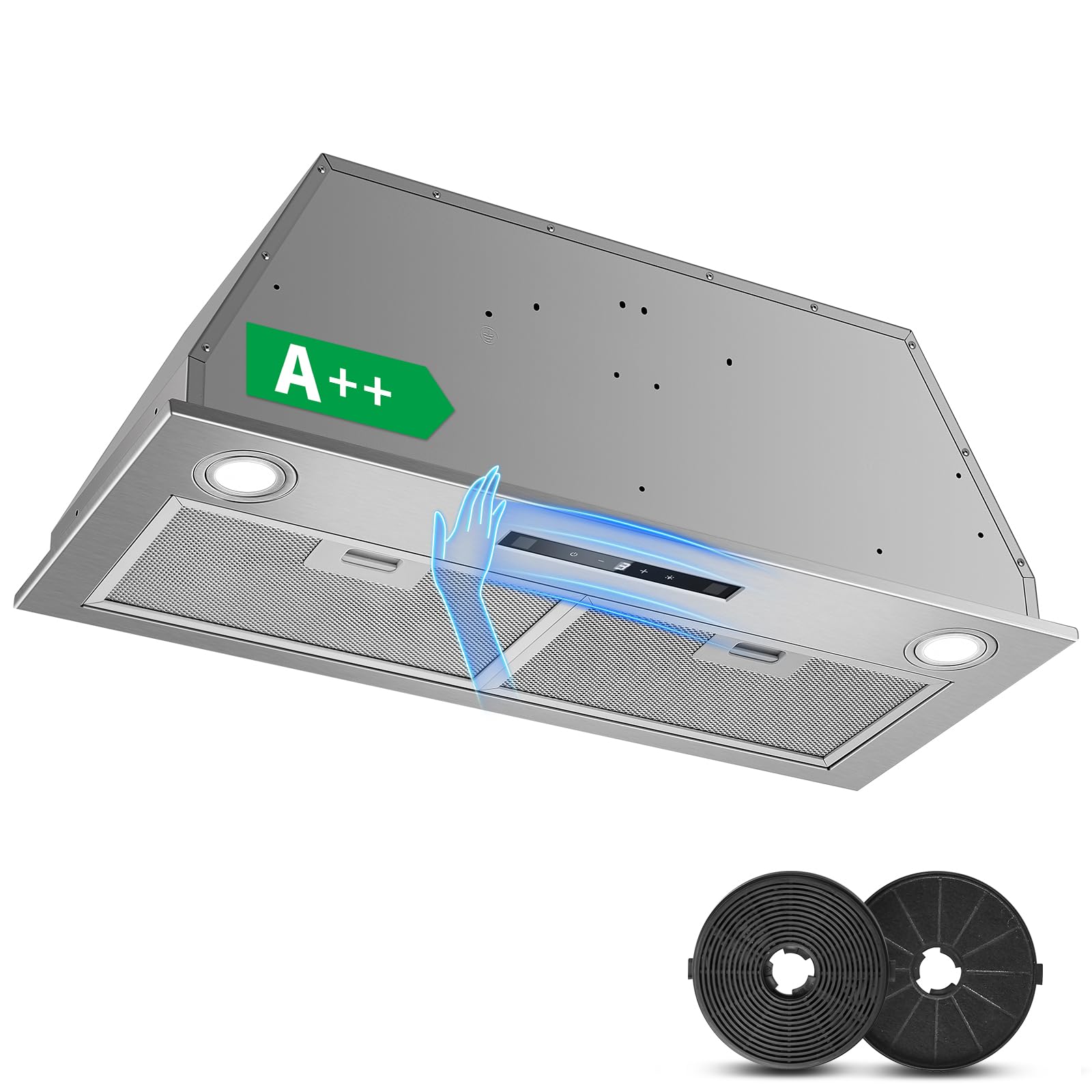 Hotte Aspirante 72cm Encastrable, 400m³/h, Hotte Cuisine, 3 Vitesses & Fonction Booster, Gestuelle, Tactile, Éclairage LED, Évacuation & Recyclage d'air avec filtre à charbon et conduit