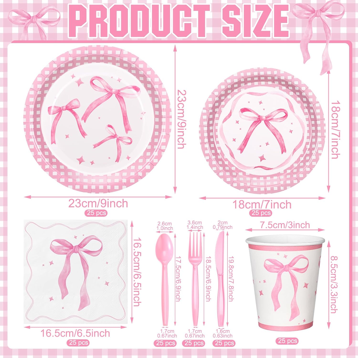 Zhehao 200 Pcs pink Bow Party Plates and Napkins Cups Tableware Sets for Coquette Birthday Decoration Valentine Party Decor Severs 25 pink Bow Plates Cups Forks Spoons Knives Straws Napkins Dinnerware - Image 3