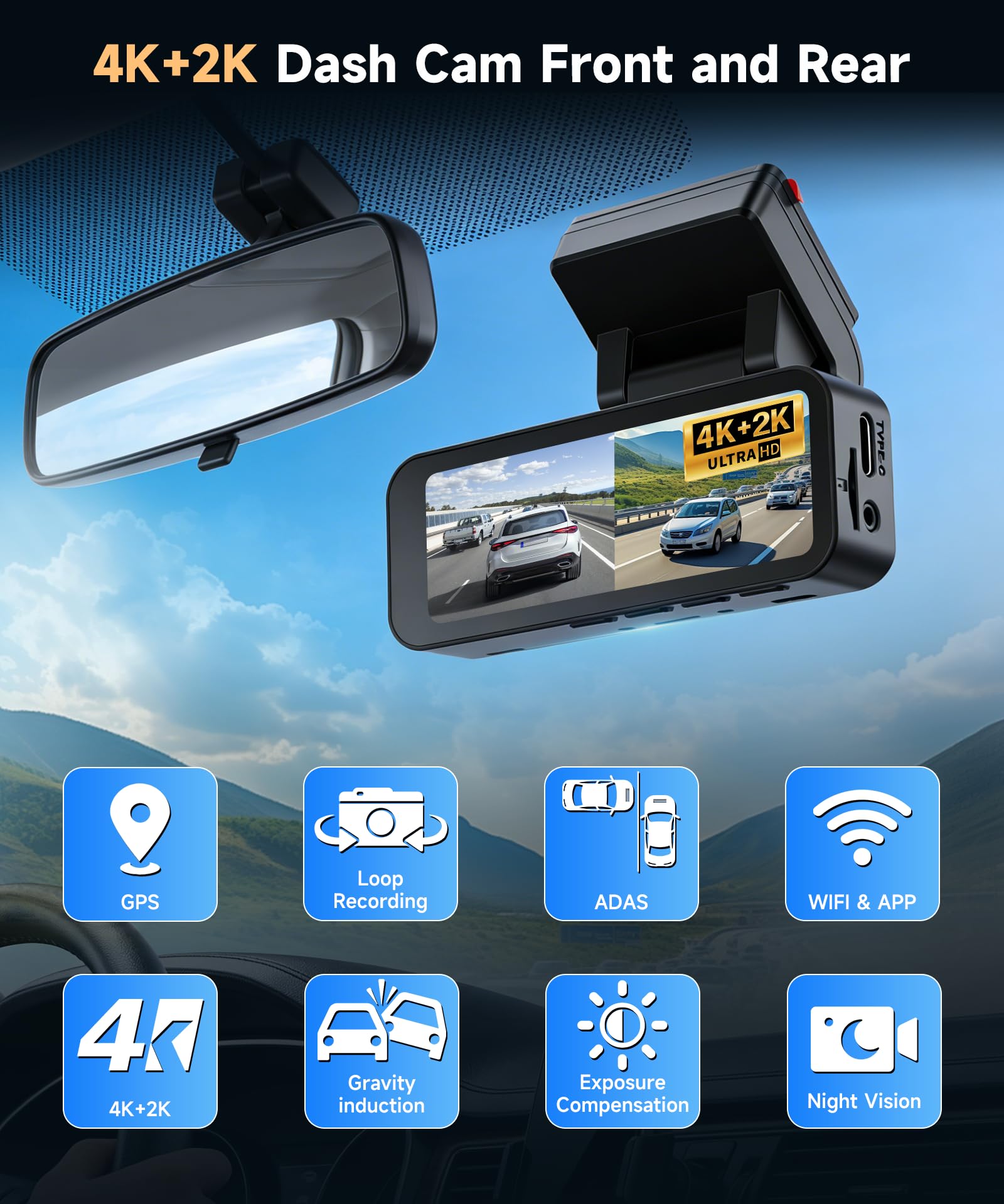 VECHTEL 4K+2K Dashcam Auto Anteriore Posteriore con WiFi 5.8G+2.4G, 2*Telecamera Auto 1080P, Schermo IPS 3.16 Pollici, Monitoraggio Parcheggio 24H, Visione Notturna, Sensore G, con Scheda 64GB