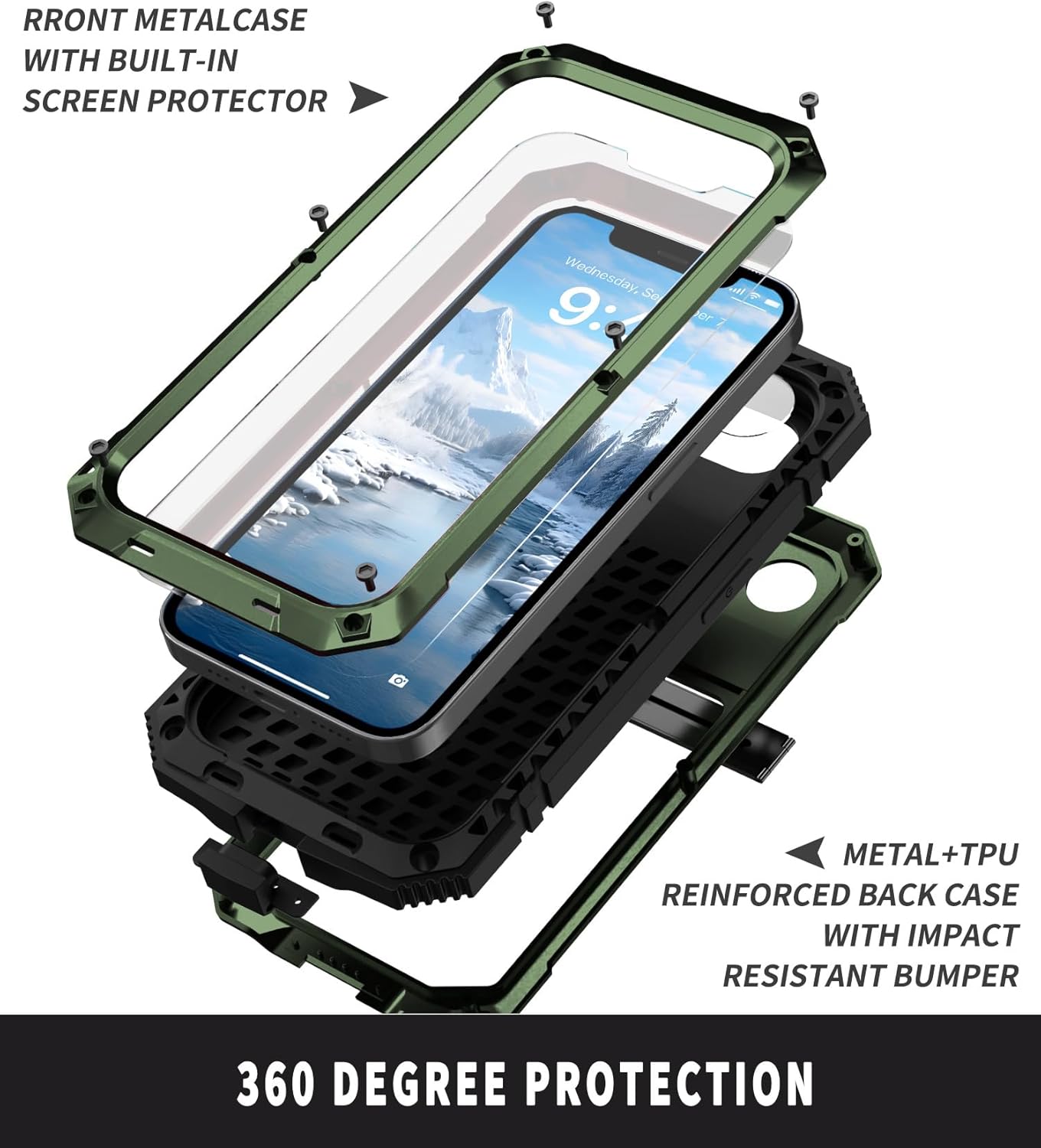 Metal Case for iPhone 17e 16e Aluminum Military Grade Rugged Case with Stand Screen Protector Drop Tested Heavy Duty Shockproof Dustproof Full Cover for Man (Green)