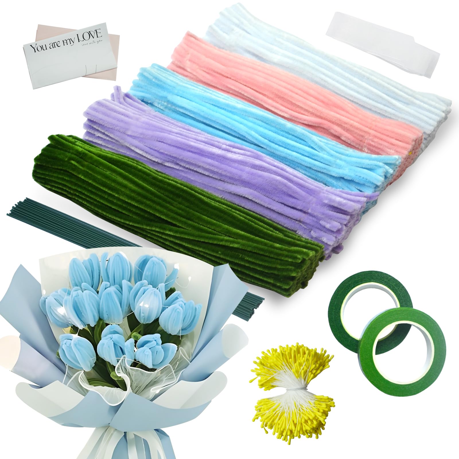 Ezitruz 500 Stück Pfeifenreiniger Blumen Set, 5 Farben Pfeifenputzer zum Basteln für DIY, mit Schleifenband, Klebeband, Staubblätter, Blumendraht, Blumenpapier, Anleitung zum Blumenbasteln, Violett