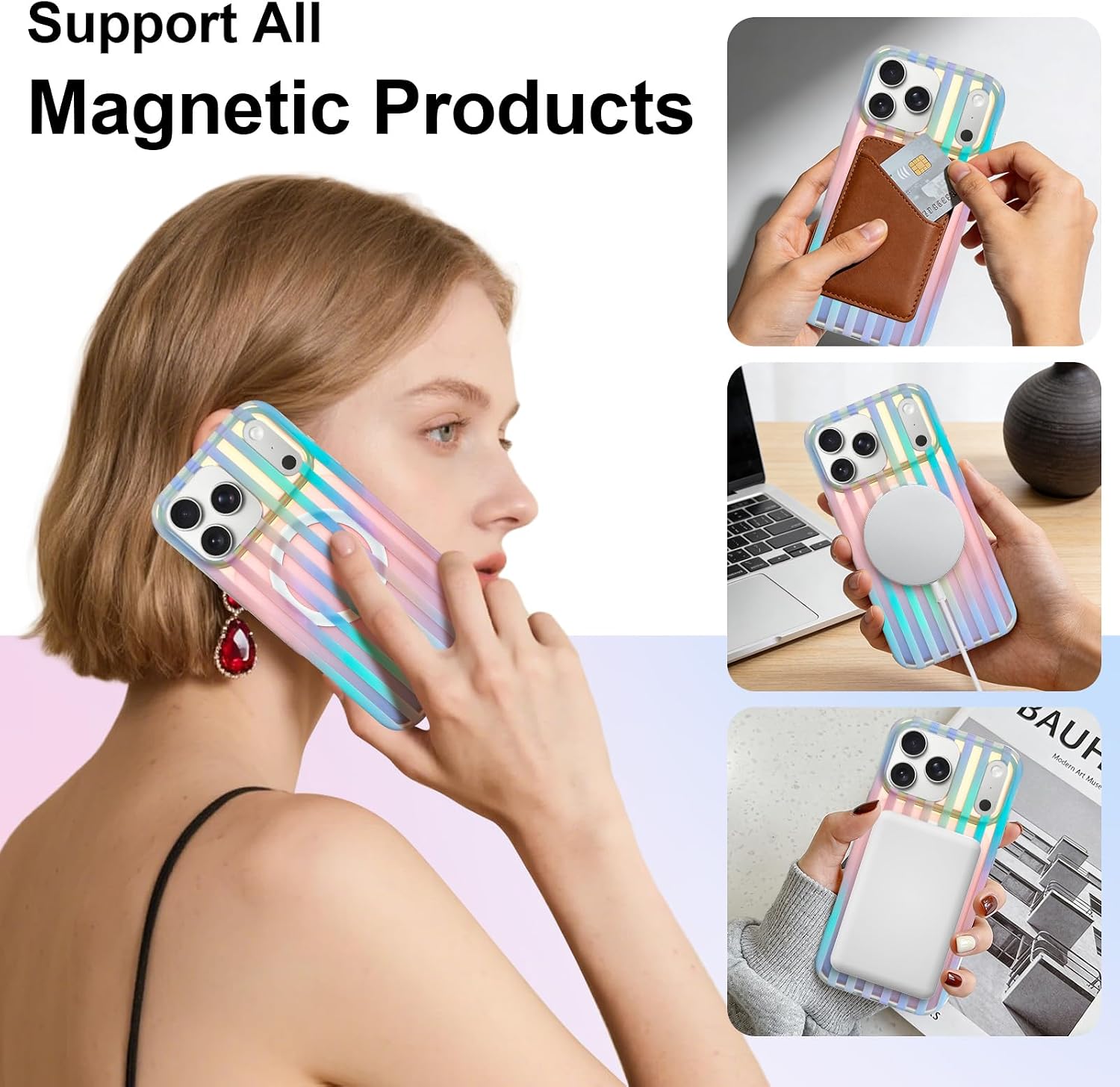 Magnetic Cute Colorful Striped Case for iPhone 17 Pro Max, White image 2