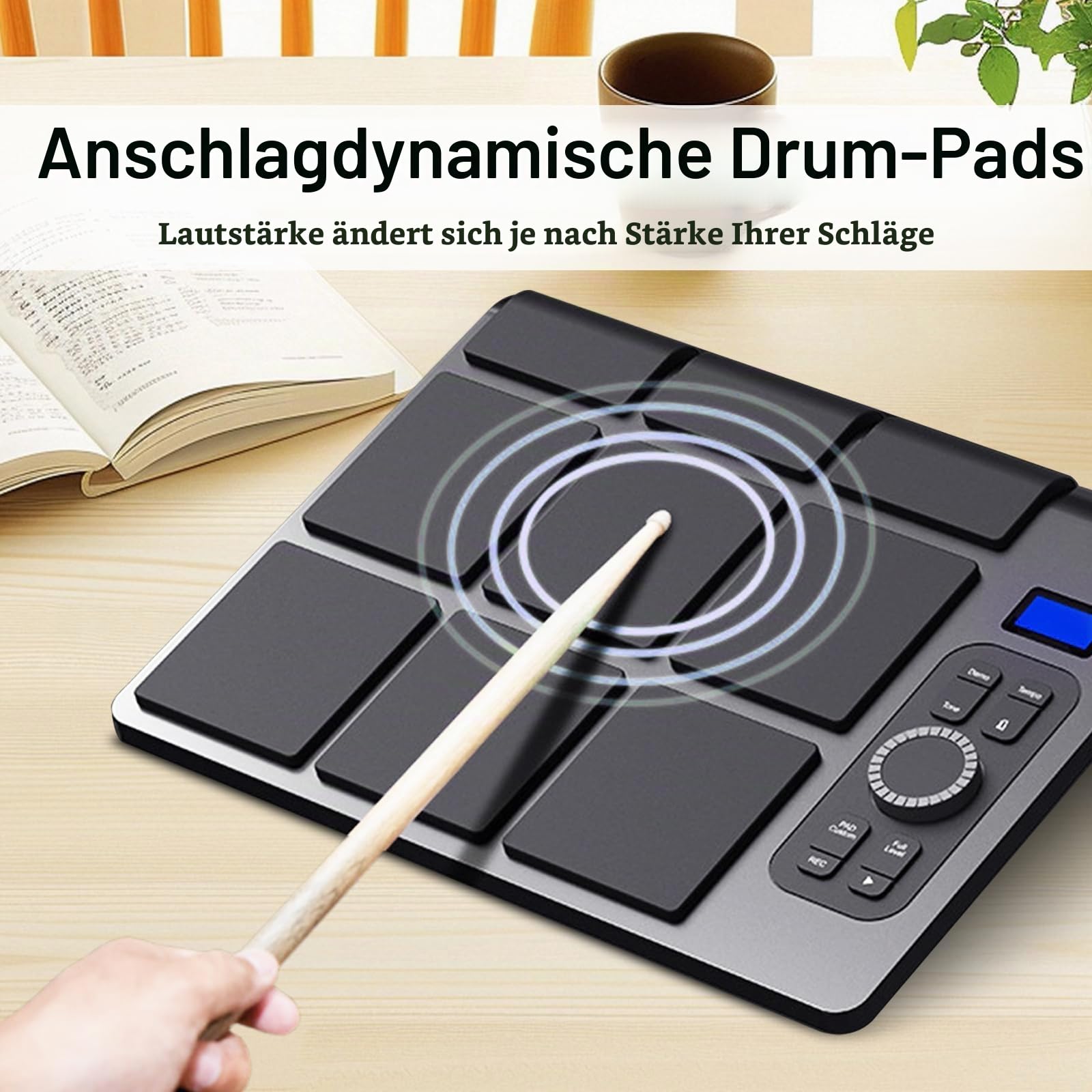 Schlagzeug Elektronisch, Schlagzeug Kinder Tragbares 9-Pad Digitales E Drum Set BT MIDI Verschiedene Audioverbindung LCD-Display Einstellbare Empfindlichkeit Elektrische Schlagzeug mit Drumsticks