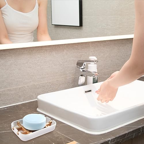 Miniatura 4 de Jaboneras para barra de jabón, soporte de jabón de baño blanco, soporte de jabonera de bambú para ducha de baño, jabonera de lavabo de baño, bandeja