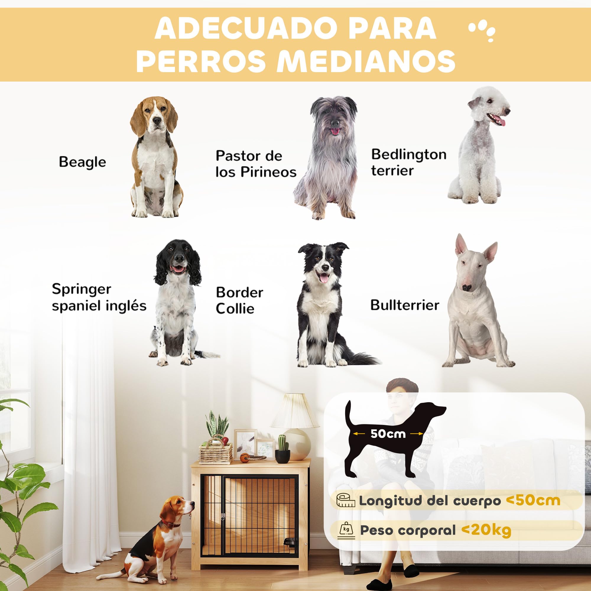 PawHut Jaula para Perros Moderna Mesa Auxiliar Casa para Mascotas con 2 Puertas, Soporte Giratorio con 2 Tazones, Estructura de Acero para Perros Medianos 80x60x68 cm Roble