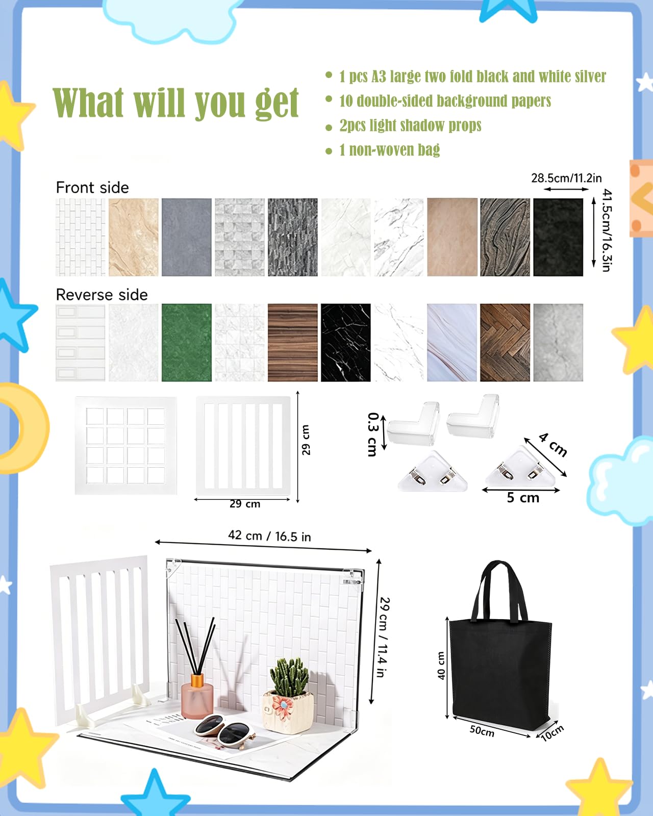 22 Stück Fotografie Hintergrund Boards Set, Fotohintergründe für Lebensmittelfotografie, 24 Muster, kleines Produkt, Hintergrund-Tischplatten-Set für Schmuck Kosmetika Lebensmittel, 42 x 29cm