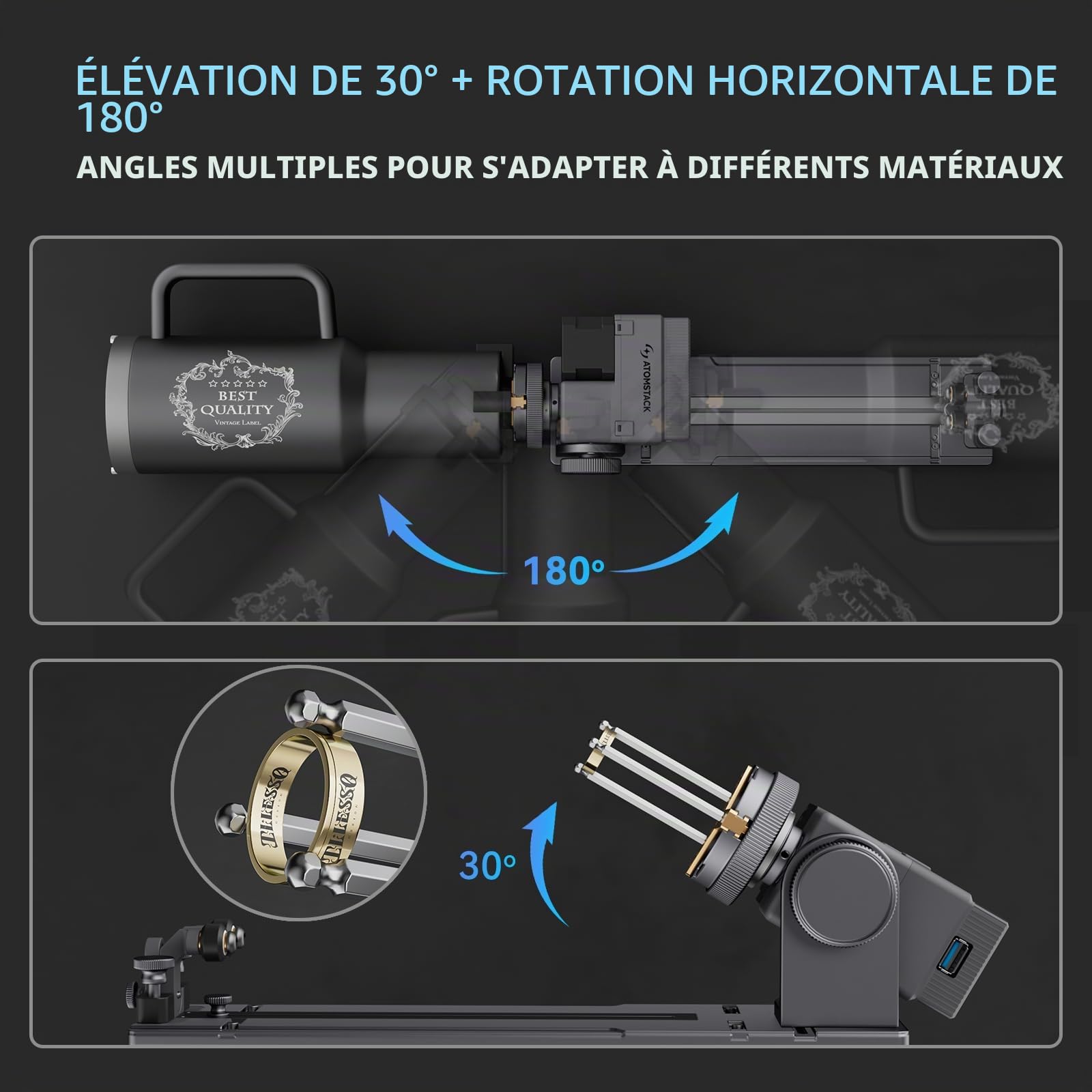 ATOMSTACK R8 et H5, mandrin rotatif et base haute, pour soutenir l'ATOMSTACK P1, pour tester des objets ronds ou annulaires tels que des balles de baseball, des boules de cristal