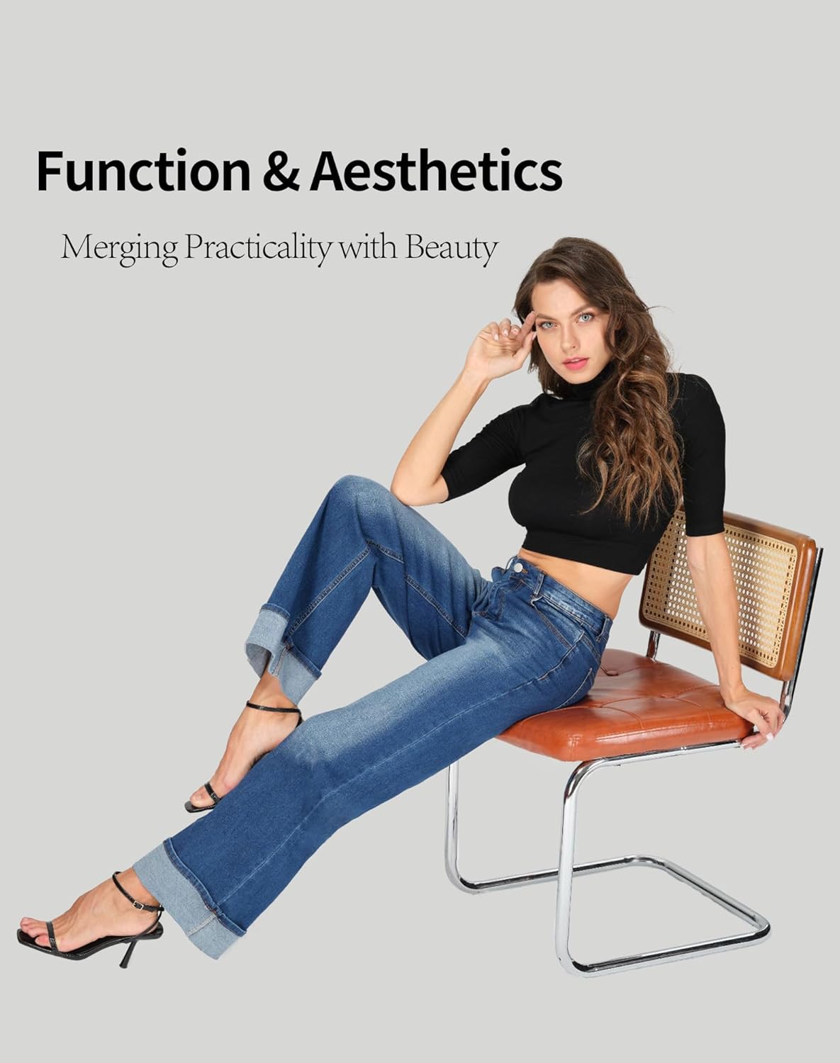 Wide Leg Jeans Woman Stretchy Cuffed High Waisted Baggy Jeans Loose Denim Pants - Image 4