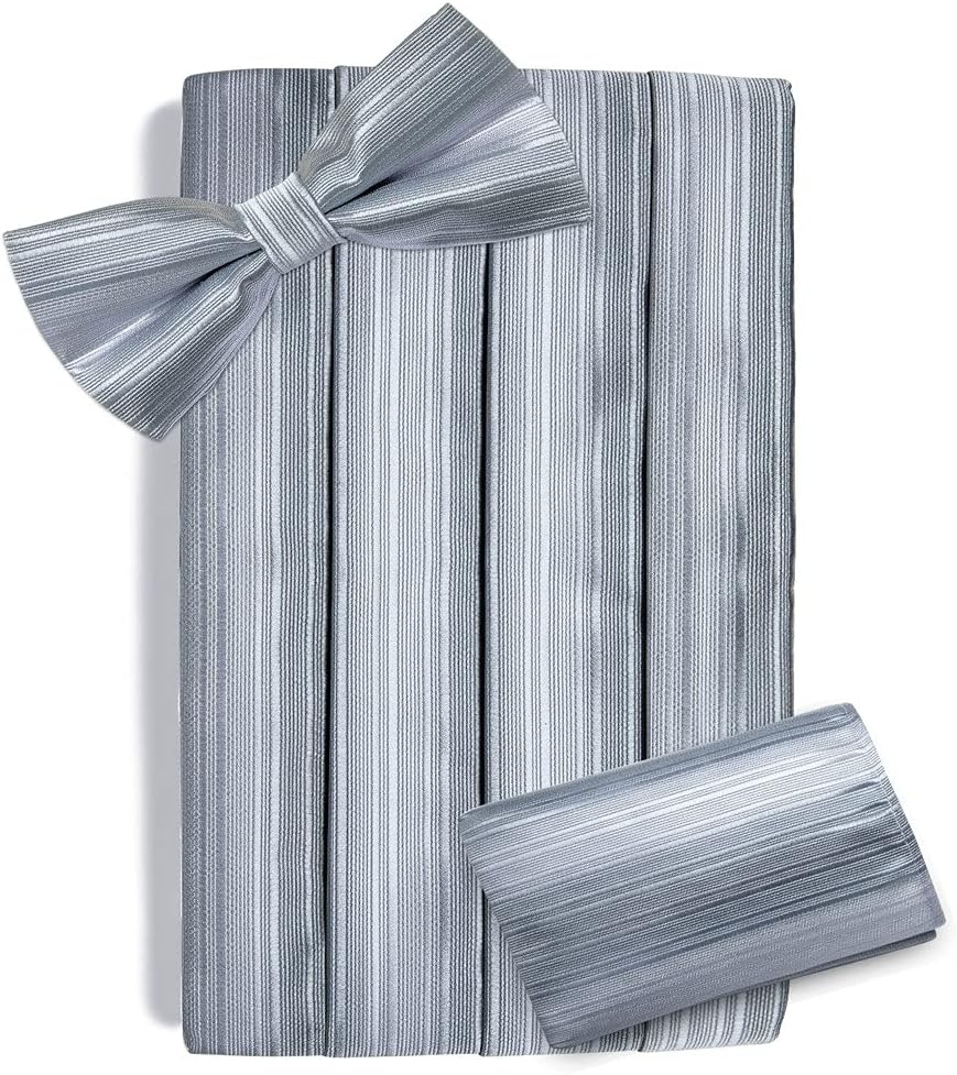 CXDTBH Men's Tuxedo Cummerbund Gray Silk Striped Bow Tie Handerchif Cufflinks Set Wedding Party Cummerbunds Waist : Clothing, Shoes & Jewelry