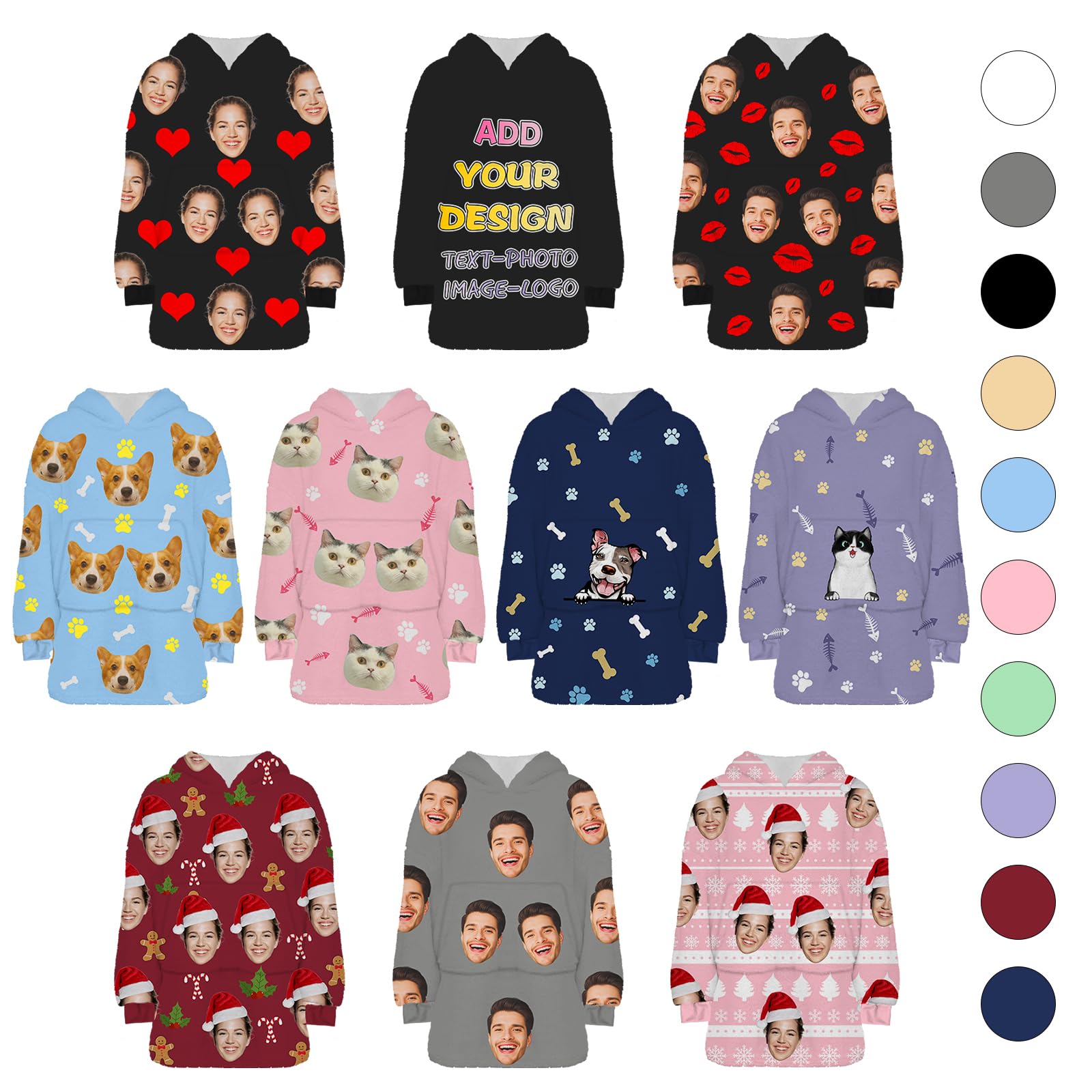 Custom Wearable Blanket Hoodies for Women Men, Pet Face Personalized Sweatshirt Hooded Blankets Throws for Adults Christmas Birthday Gifts