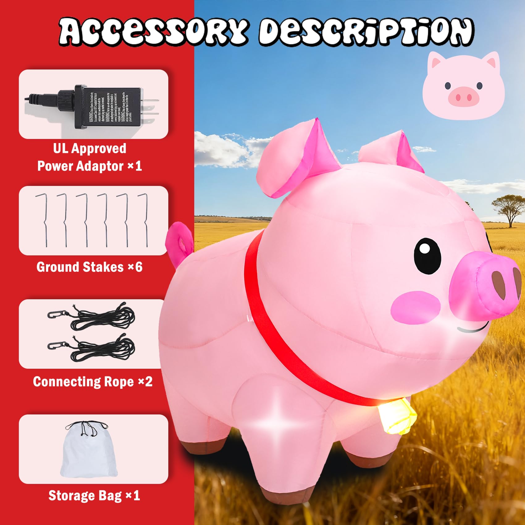 Aufblasbares Schwein, Outdoor-Dekorationen, aufblasbare Hofdekorationen mit LED-Lichtern, niedliches rosa Schwein, aufblasbar für Urlaub, Garten, Rasen, Bauernhof-Motto-Party-Dekor