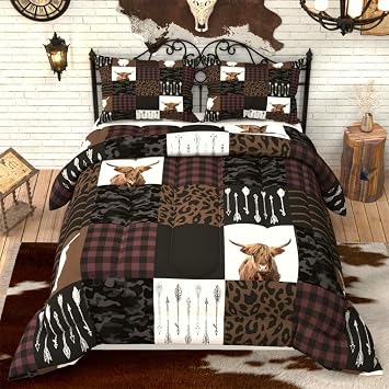 Highland Cow Comforter Sets for Kids Adults,3D Pattern with Dark Brown Colors,Decorative Bedding Comforter Sets with 2 Pillow Shams, King Size
