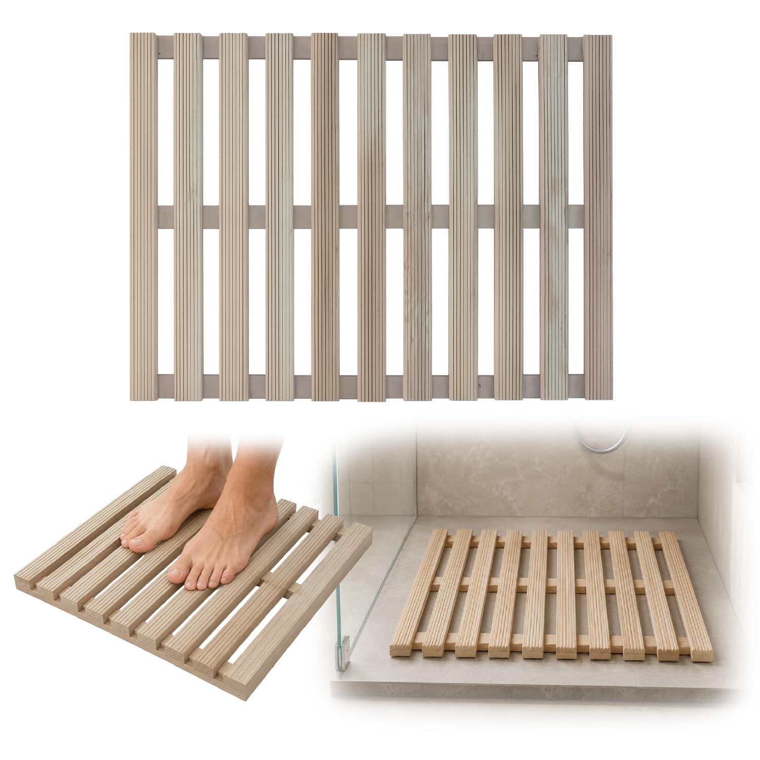 Crisalide® - Pedana Doccia in Legno di Pino Naturale 68x55 cm, Pedana Rettangolare Antiscivolo Waterproof con Doghe Drenanti, Piedini di Appoggio, Tappeto Doccia in Legno per Bagno