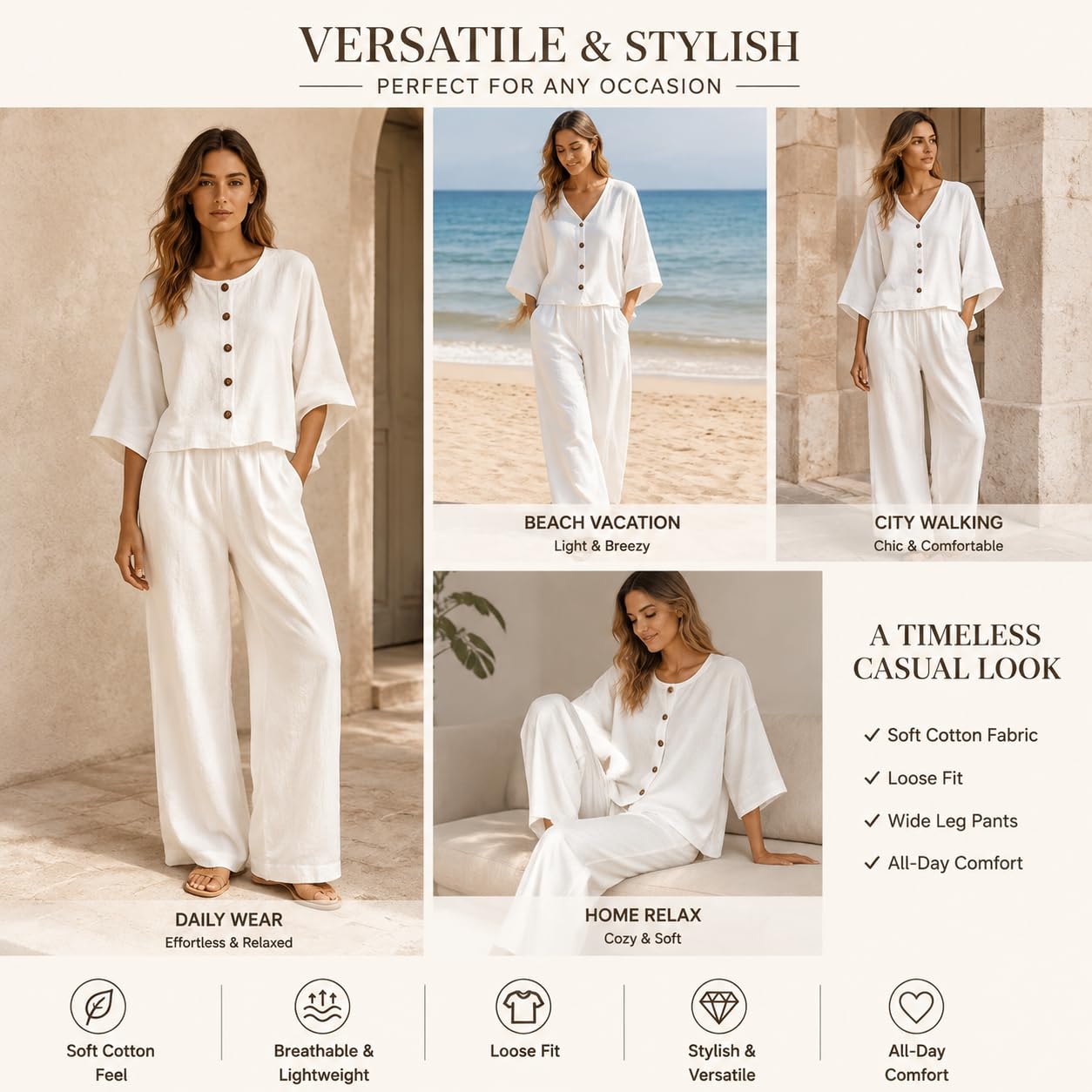 Completo Da Casa Da Donna Composto Da Due Pezzi: Top Con Bottoni Sul Davanti E Pantaloni A Gamba Larga. Outfit Casual, Vestibilità Ampia, In Cotone. Elegante, Leggero, Ideale Per Viaggi, Vacanze E