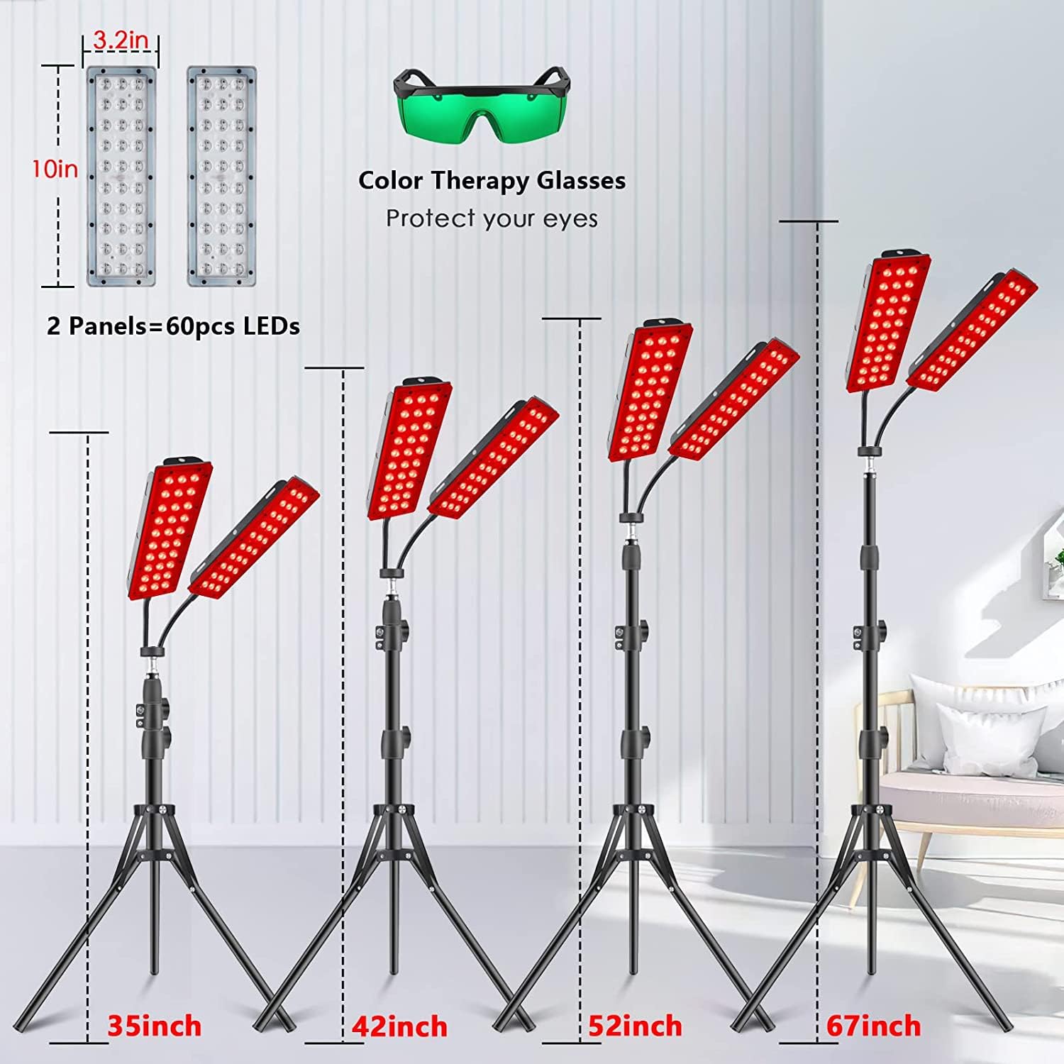 Lampa do terapii światłem czerwonym z regulowanym stojakiem, 660 nm, 850 nm, długość fali 660 + 850 nm - 60 diod LED, dwugłowicowa konstrukcja z timerem, 5 poziomów jasności i 3 tryby do twarzy i