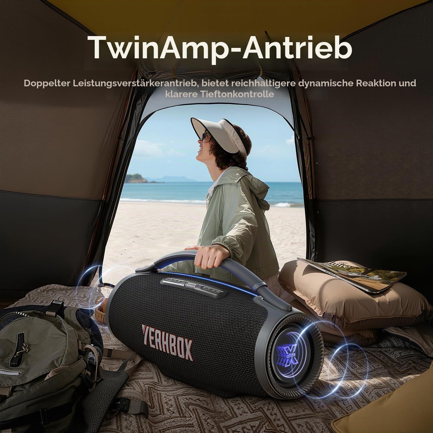YEAHBOX Sonic Boom Ultra Bluetooth Lautsprecher 320W, Partybox 500W Peak, Tragbarer Lautsprecher mit Subwoofer, 3-Wege 5 Treiber, HDMI ARC für TV, TWS Stereo, RGB Licht, Outdoor Party Box (Schwarz)