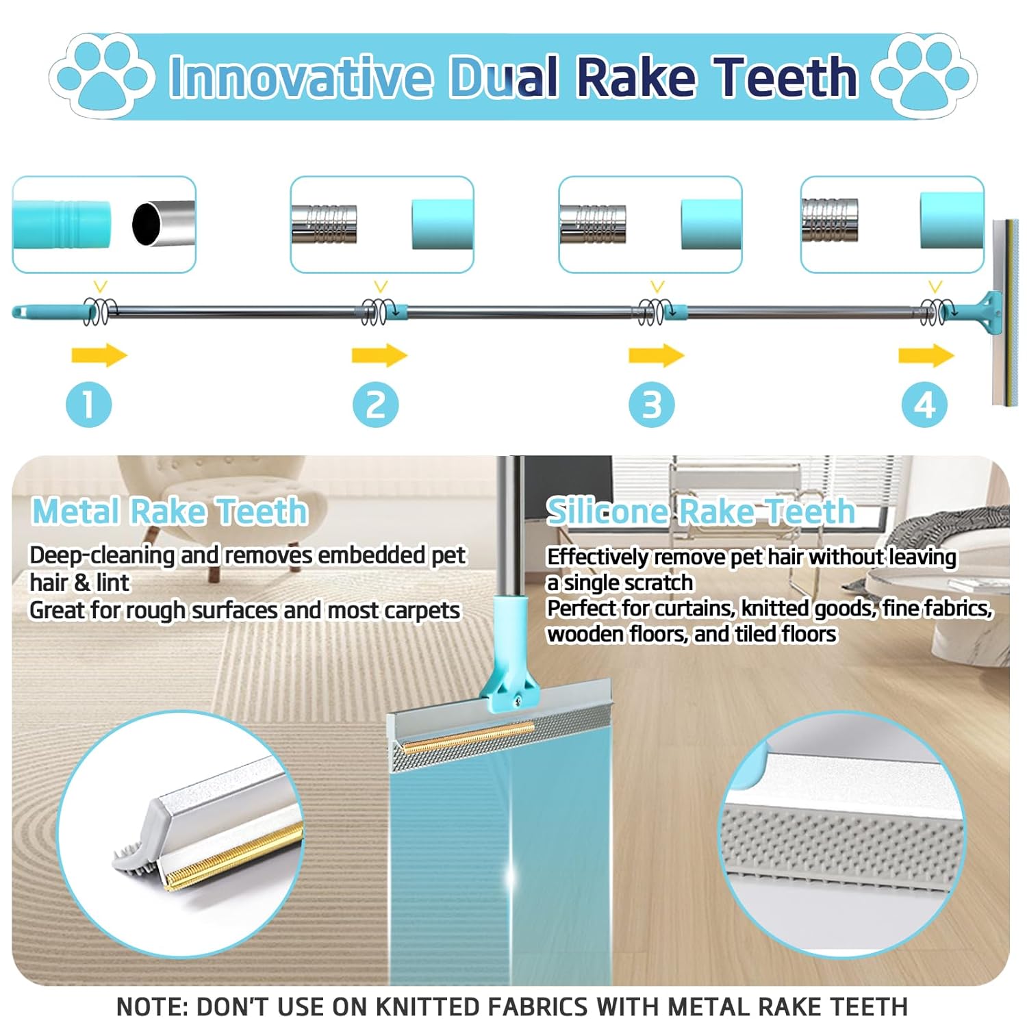 Carpet Rake for Pet Hair Removal Tool, Reusable Pet Hair Remover Broom with 54” Adjustable Long Handle, Cat Dog Hair Remover Carpet Scraper Broom with Copper Rake Teeth & TPU Brush for Rugs Mats Couch