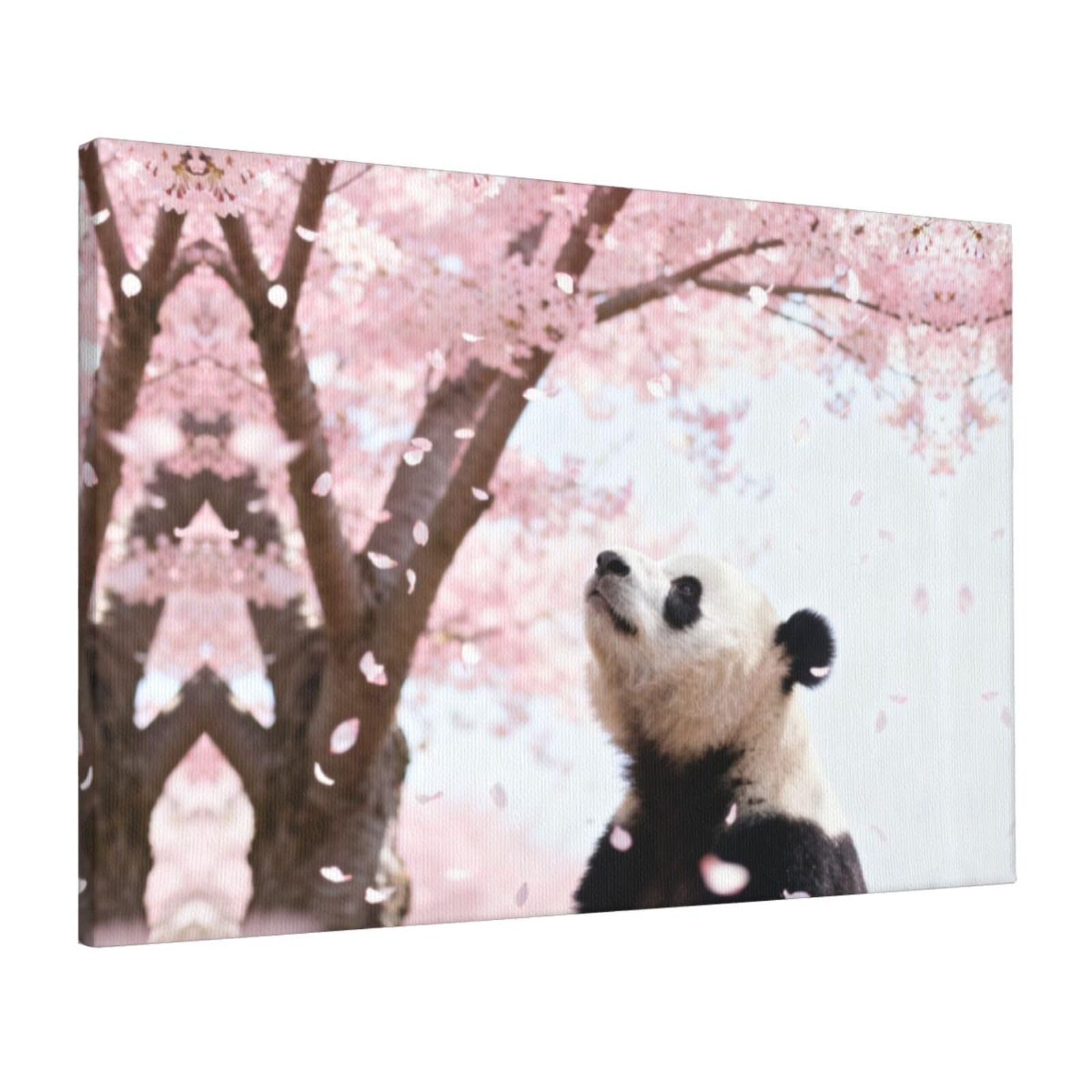 CNTDBU Panda Cherry Blossom Canvas Wall Art 16x24 Inch-Large Modern Painting Print for Living Room, Framed Ready to Hang Artwork for Bedroom
