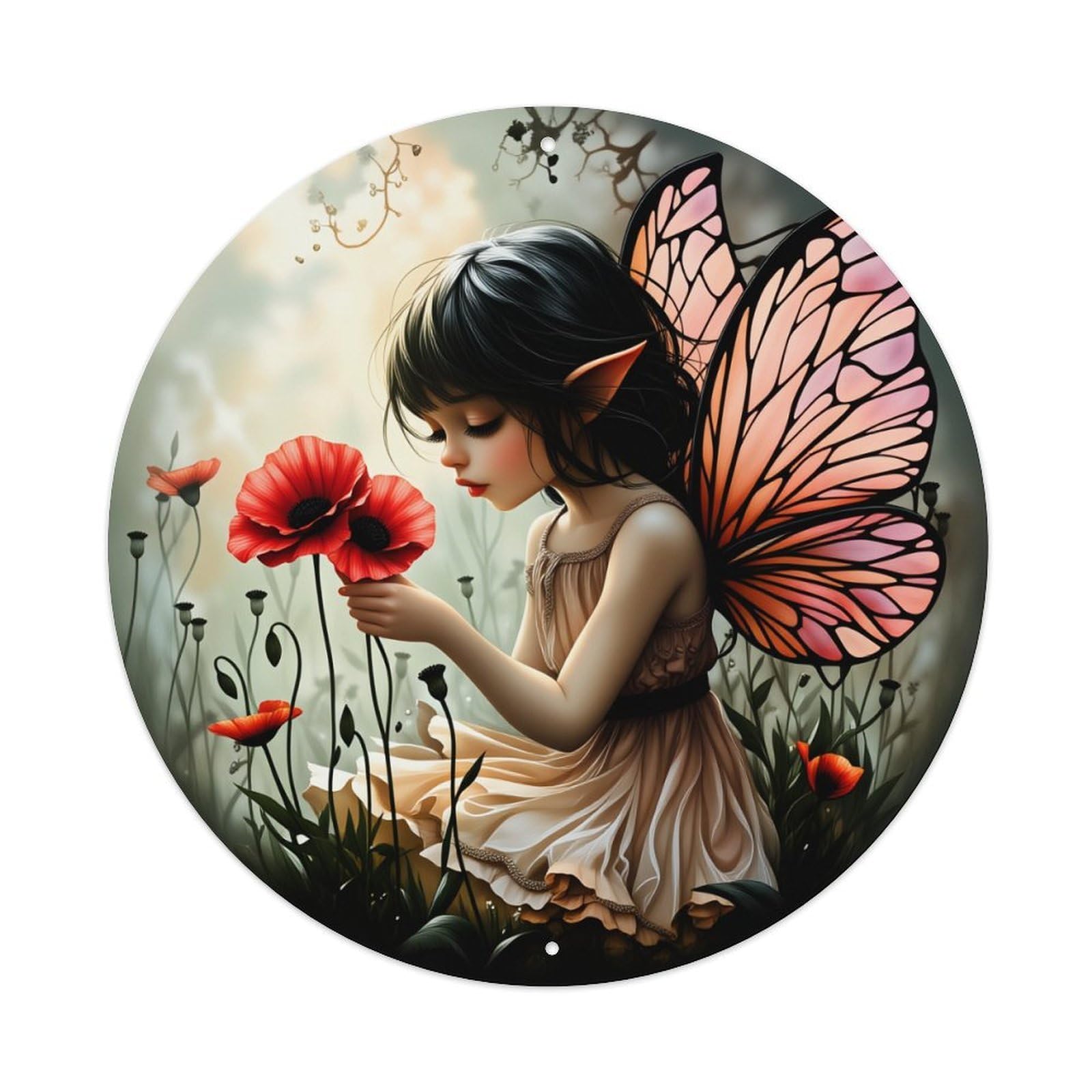 Wmlzdnwr Vintage Fairy With Wings Holding Poppy Flower In Garden Round Tin Sign,Retro Wall Art,Metal Poster For Home, Bar, Garage, Cafe, Rustic Indoor & Outdoor Decor, 8X8 Inches