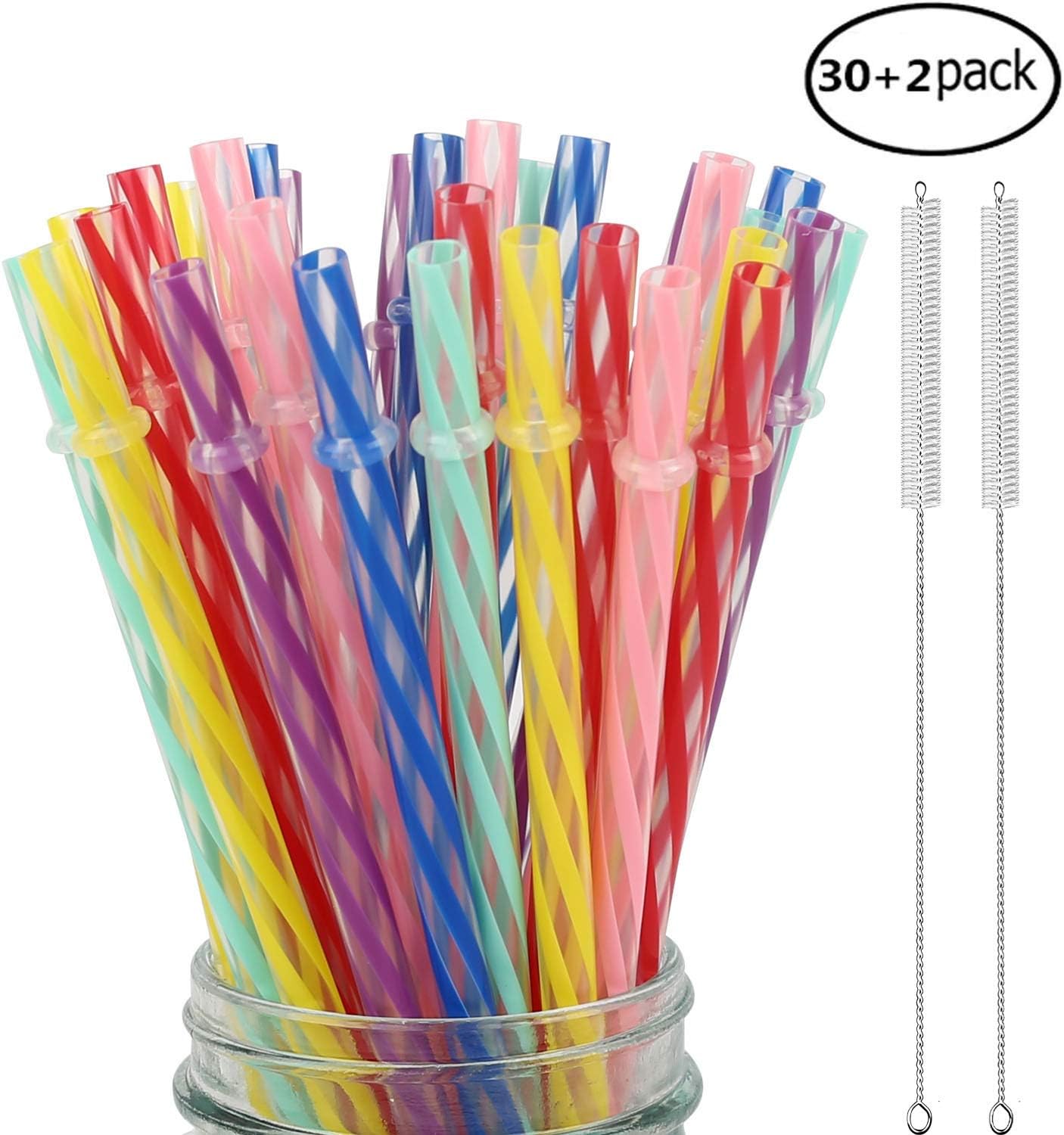 Razita Slyire 32 Pieces Reusable Plastic Straws Compatible for Mason Jars, Tumblers, BPA-Free, 9 Inch Long Colorful Unbreakable Drinking Straws with 2 Cleaning Brushes- Eco-Friendly