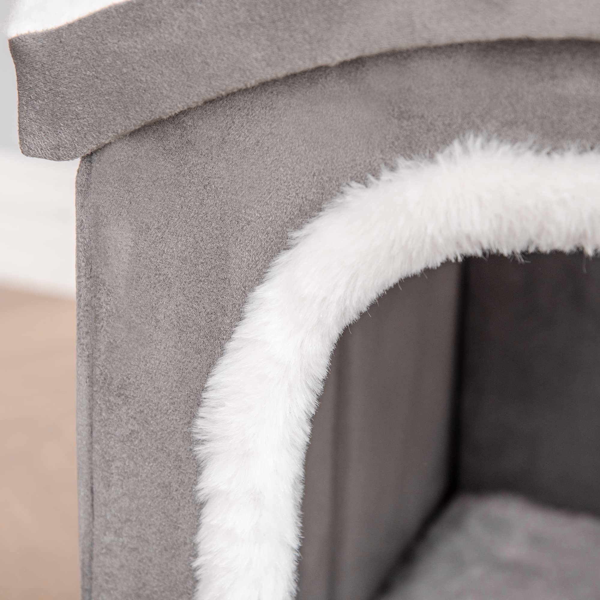 Pawhut Casetta per Gatti da Interno con 2 Entrate e Finestra, Cuscino e Base Antiscivolo, 63.5x37x40cm, Grigio