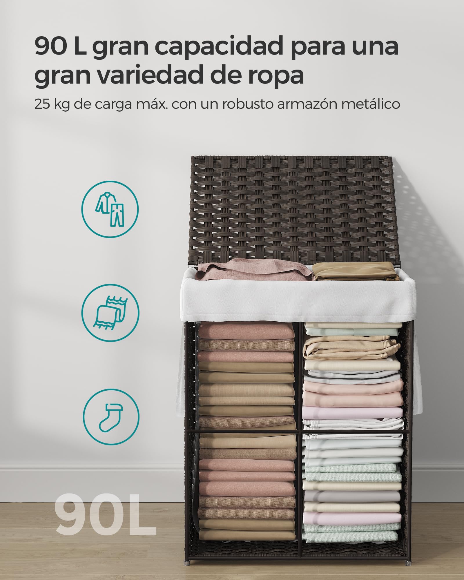 SONGMICS Cesta de Almacenamiento, Cesta de Lavandería de 90 L con Tapa, Plegable, Bolsas de Tela Extraíbles y Asas, para Mantas, Ropa, Salón, Dormitorio, Lavadería, Marrón LCB051K02