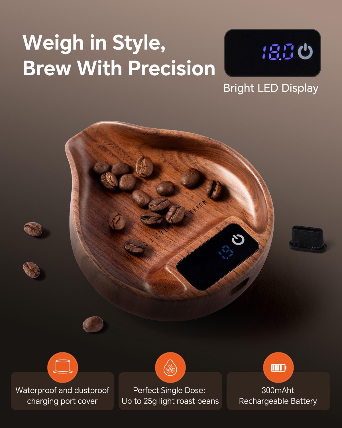 Balanza y cuchara de granos de café de nogal, taza de medición/dosificación fácil con pantalla LED para pesaje de cocina, espresso, té, regalos para amantes del café