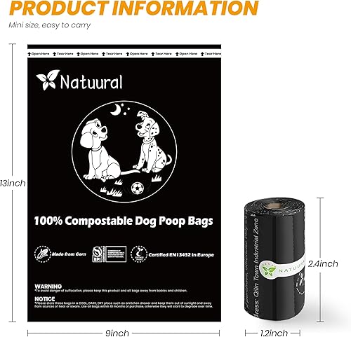 Miniatura 3 de Bolsas compostables para excrementos de perro, 270 unidades, 18 rollos, bolsas para excrementos hechas de almidón de maíz, certificadas ASTM D6400